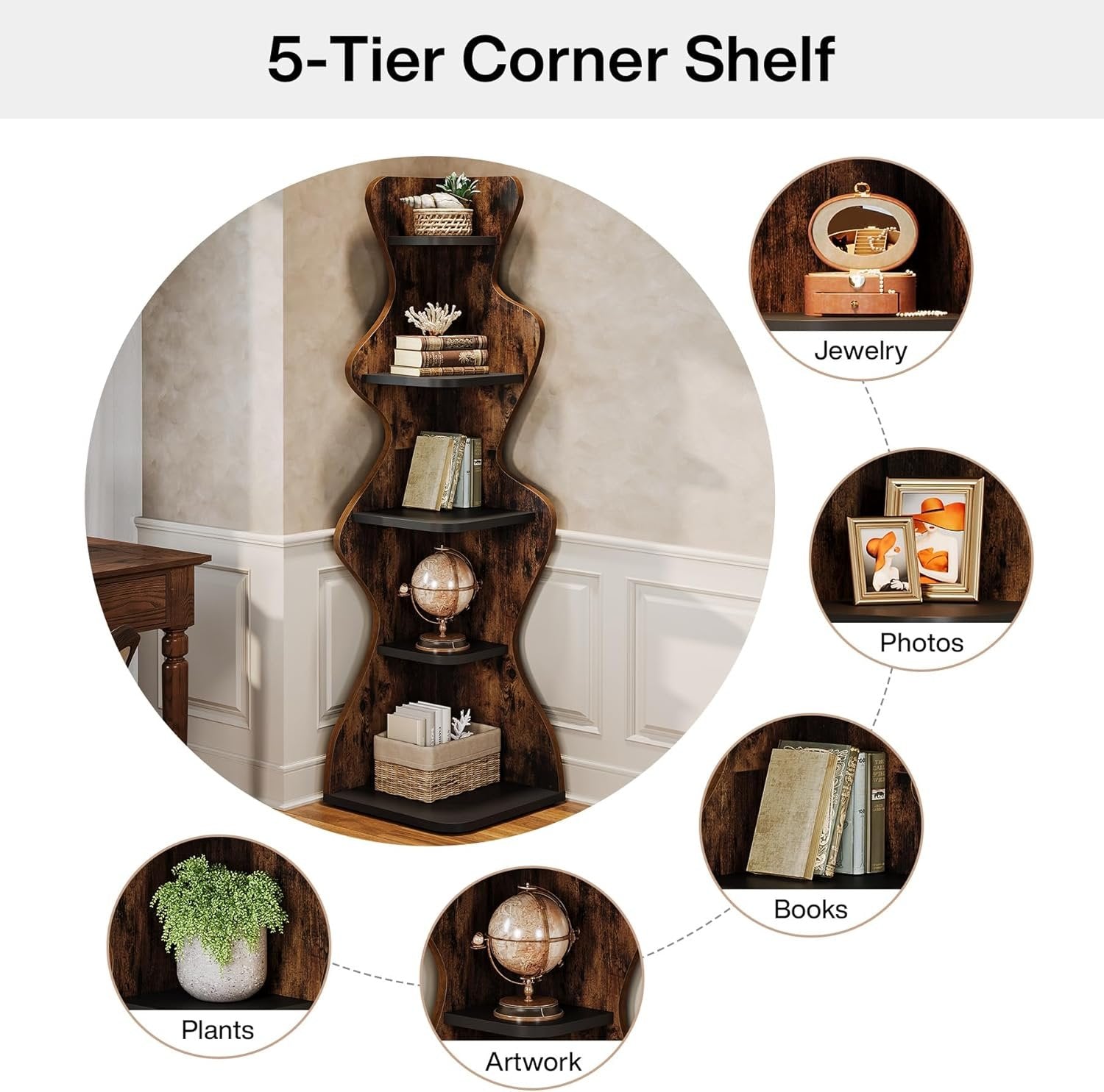 Tribesigns Étagère d'angle à 5 niveaux en bois de 175,3 cm de haut, Étagère d'angle carrée autoportante