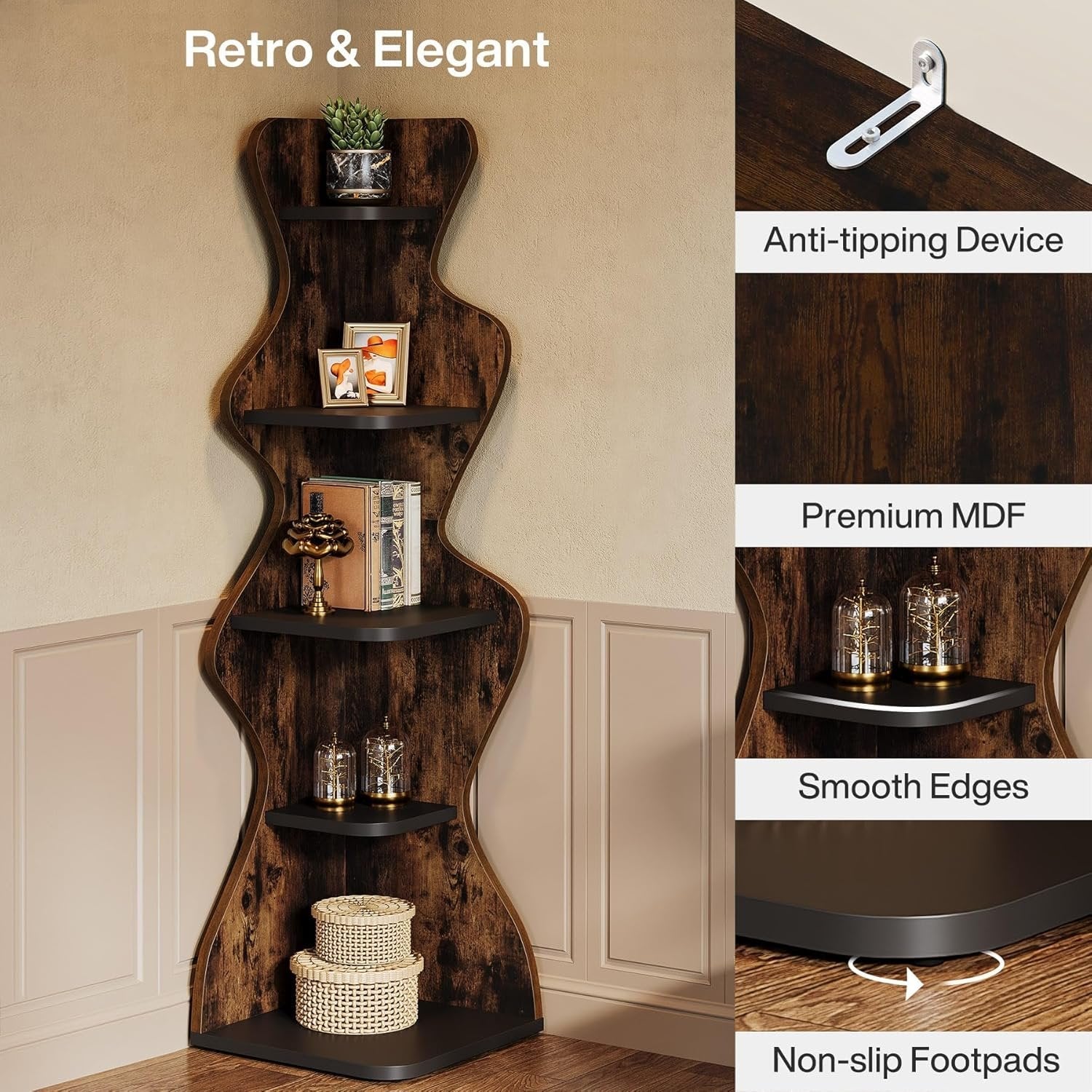 Tribesigns Étagère d'angle à 5 niveaux en bois de 175,3 cm de haut, Étagère d'angle carrée autoportante