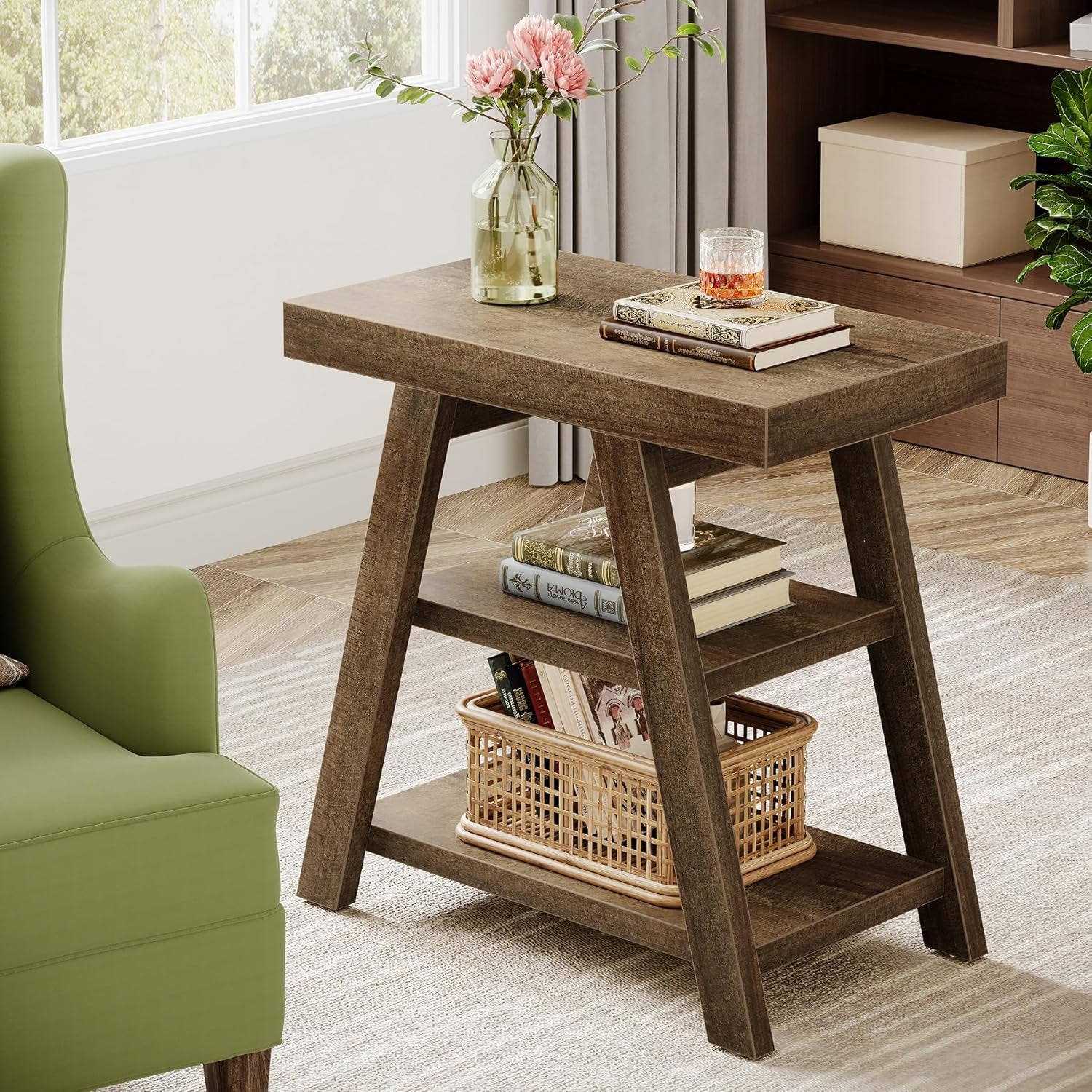 Tribesigns Table d'appoint style campagnard, Table d'appoint en bois à trois niveaux avec pieds trapézoïdaux