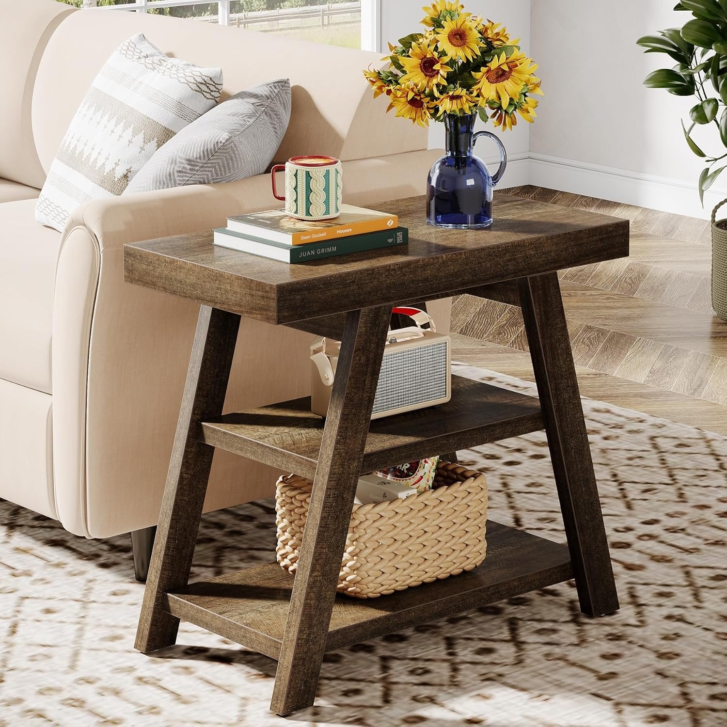 Tribesigns Table d'appoint style campagnard, Table d'appoint en bois à trois niveaux avec pieds trapézoïdaux