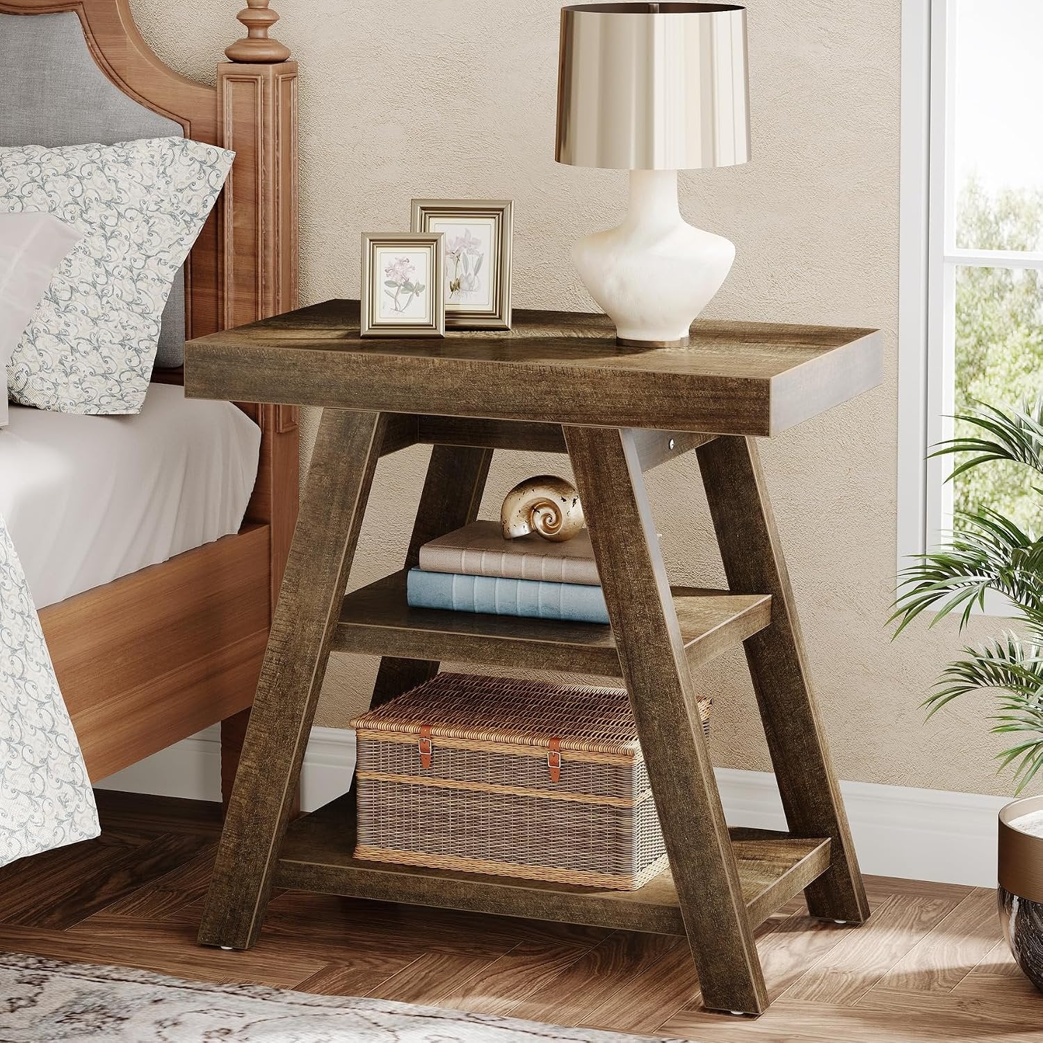 Tribesigns Table d'appoint style campagnard, Table d'appoint en bois à trois niveaux avec pieds trapézoïdaux