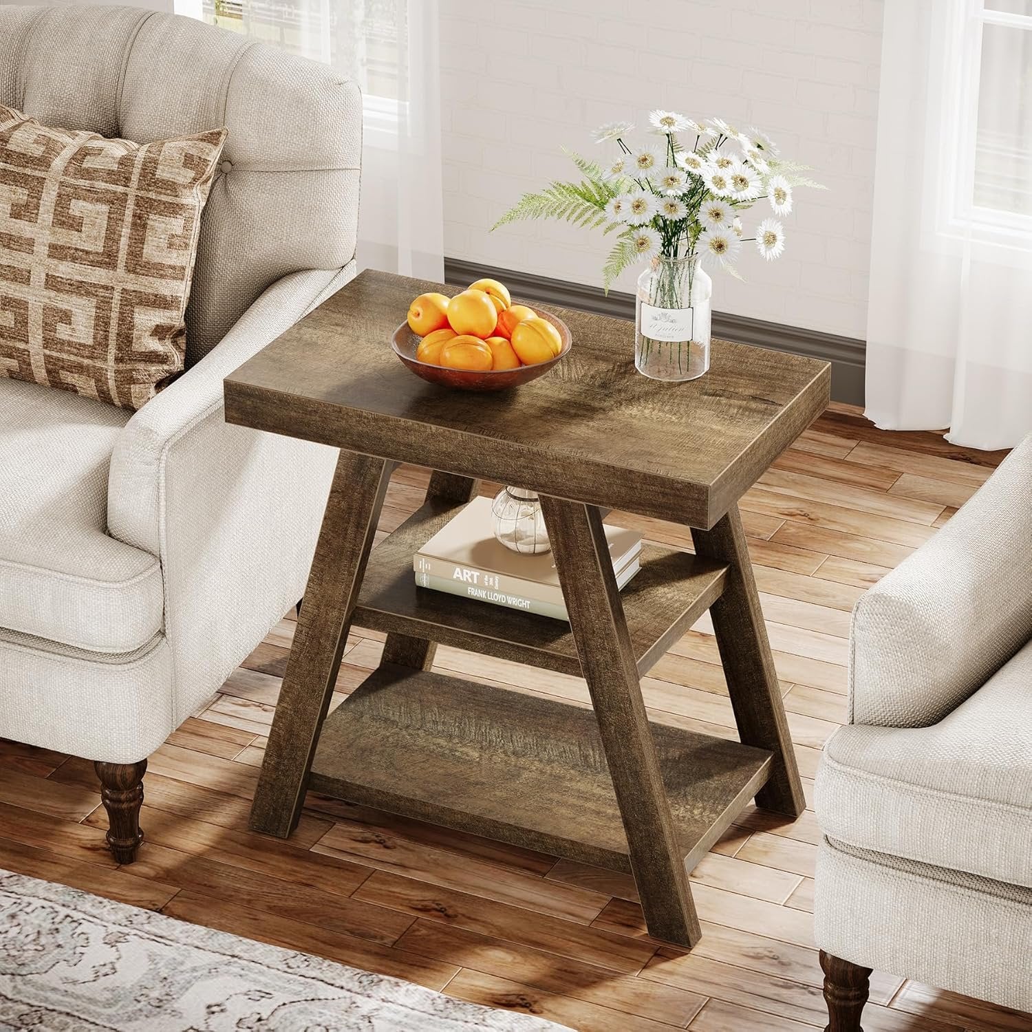 Tribesigns Table d'appoint style campagnard, Table d'appoint en bois à trois niveaux avec pieds trapézoïdaux