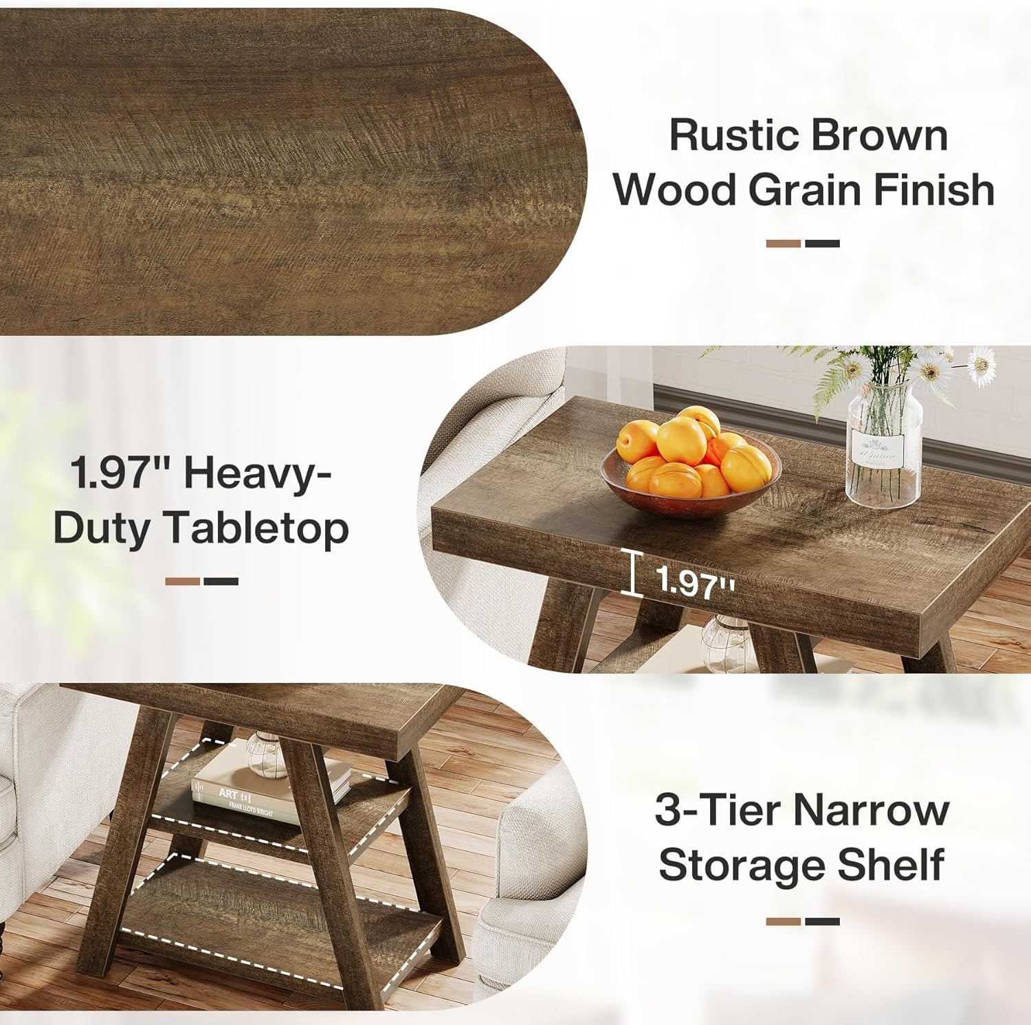 Tribesigns Table d'appoint style campagnard, Table d'appoint en bois à trois niveaux avec pieds trapézoïdaux