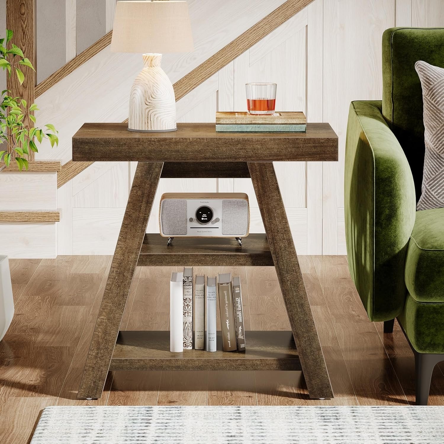 Tribesigns Table d'appoint style campagnard, Table d'appoint en bois à trois niveaux avec pieds trapézoïdaux