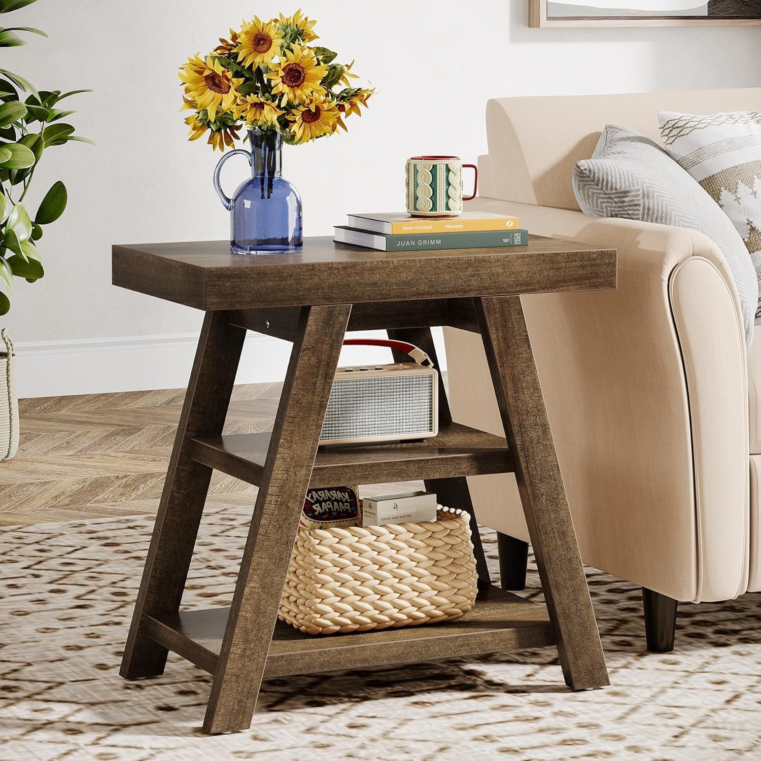 Tribesigns Table d'appoint style campagnard, Table d'appoint en bois à trois niveaux avec pieds trapézoïdaux