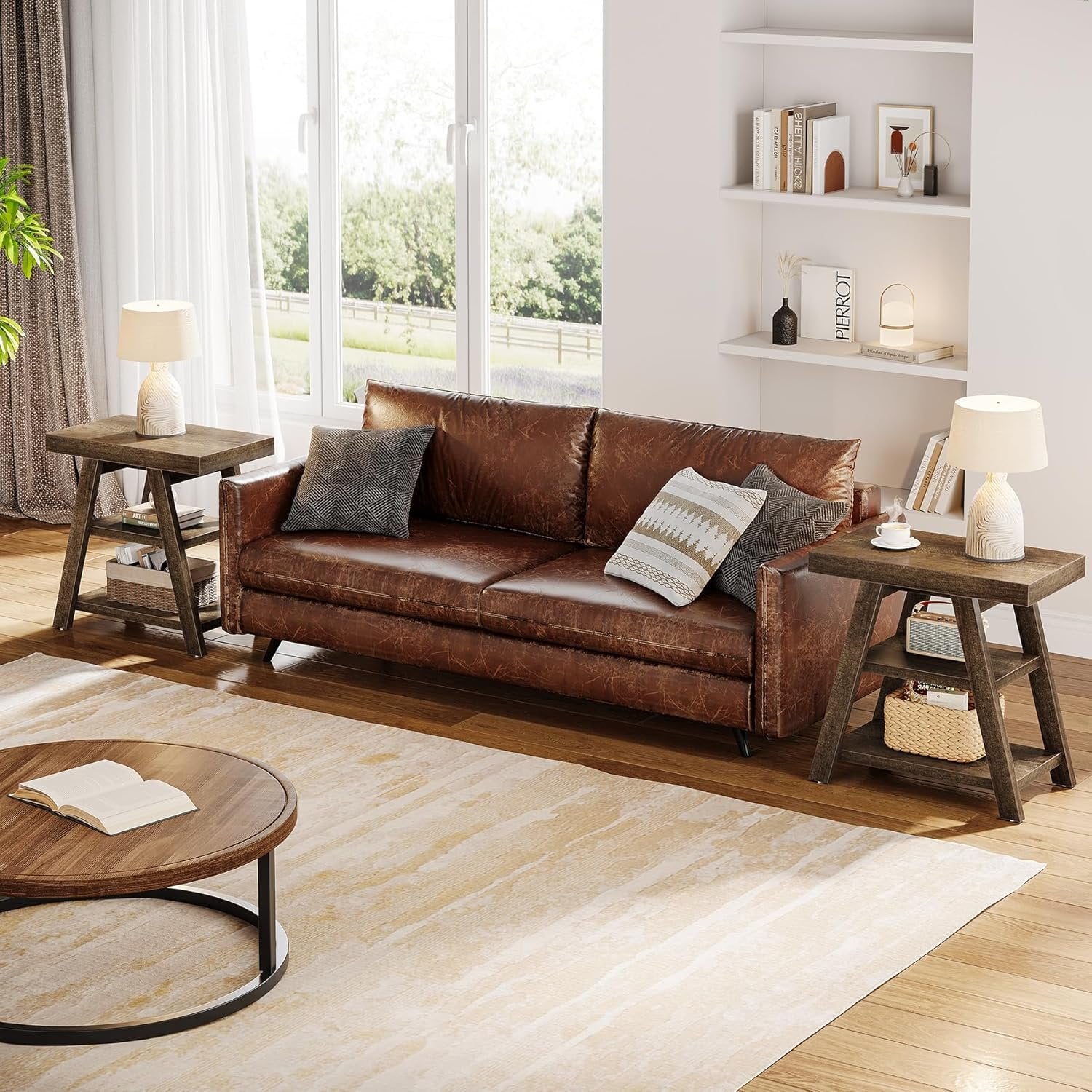 Tribesigns Table d'appoint style campagnard, Table d'appoint en bois à trois niveaux avec pieds trapézoïdaux