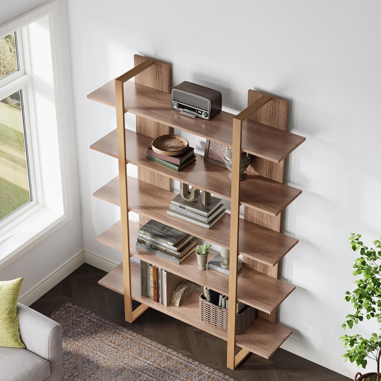 Tribesigns Bibliothèque ouverte à 5 niveaux , Syle bohème pour salon, bureau et chambre à coucher