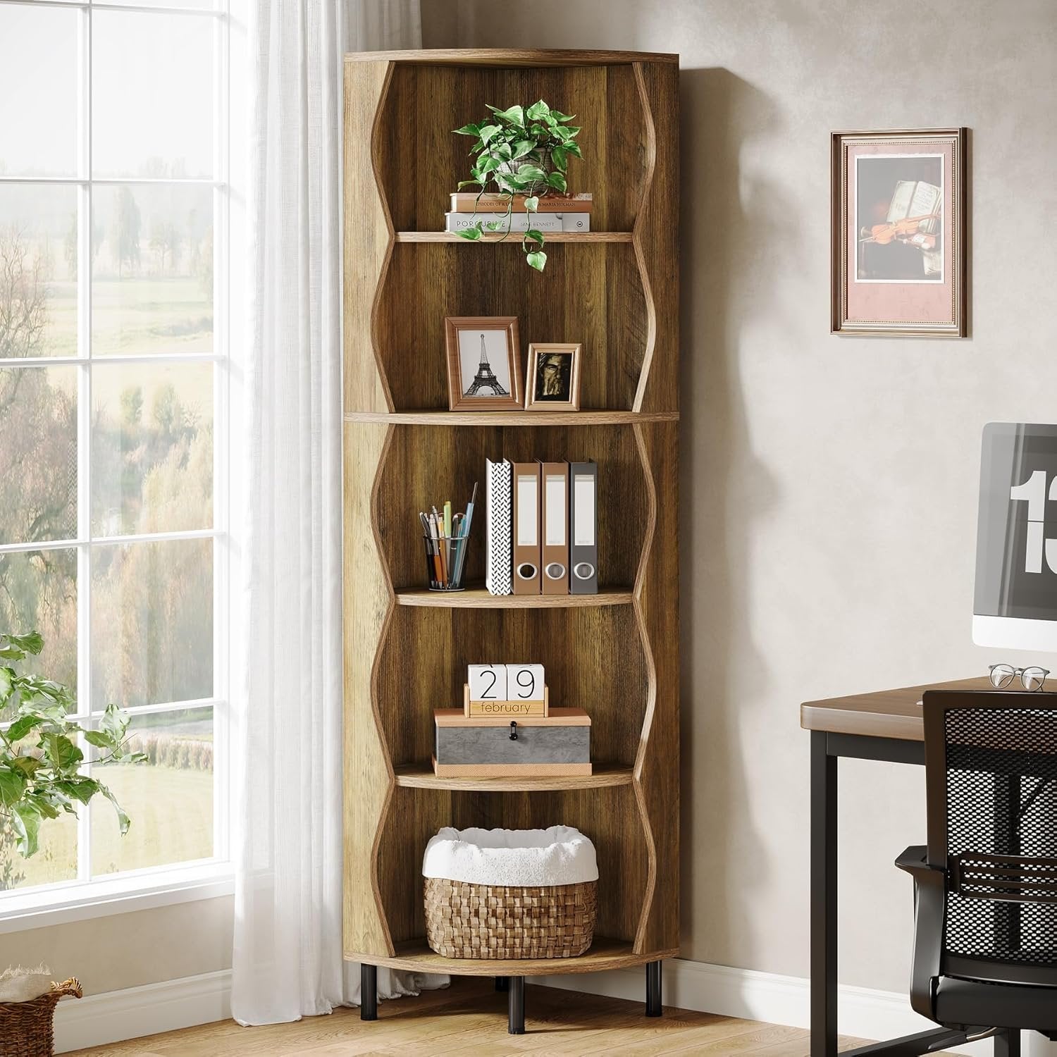 Tribesigns Étagère d'angle à 5 niveaux, Bibliothèque d'angle de 182 cm de haut élégante bibliothèque en bois