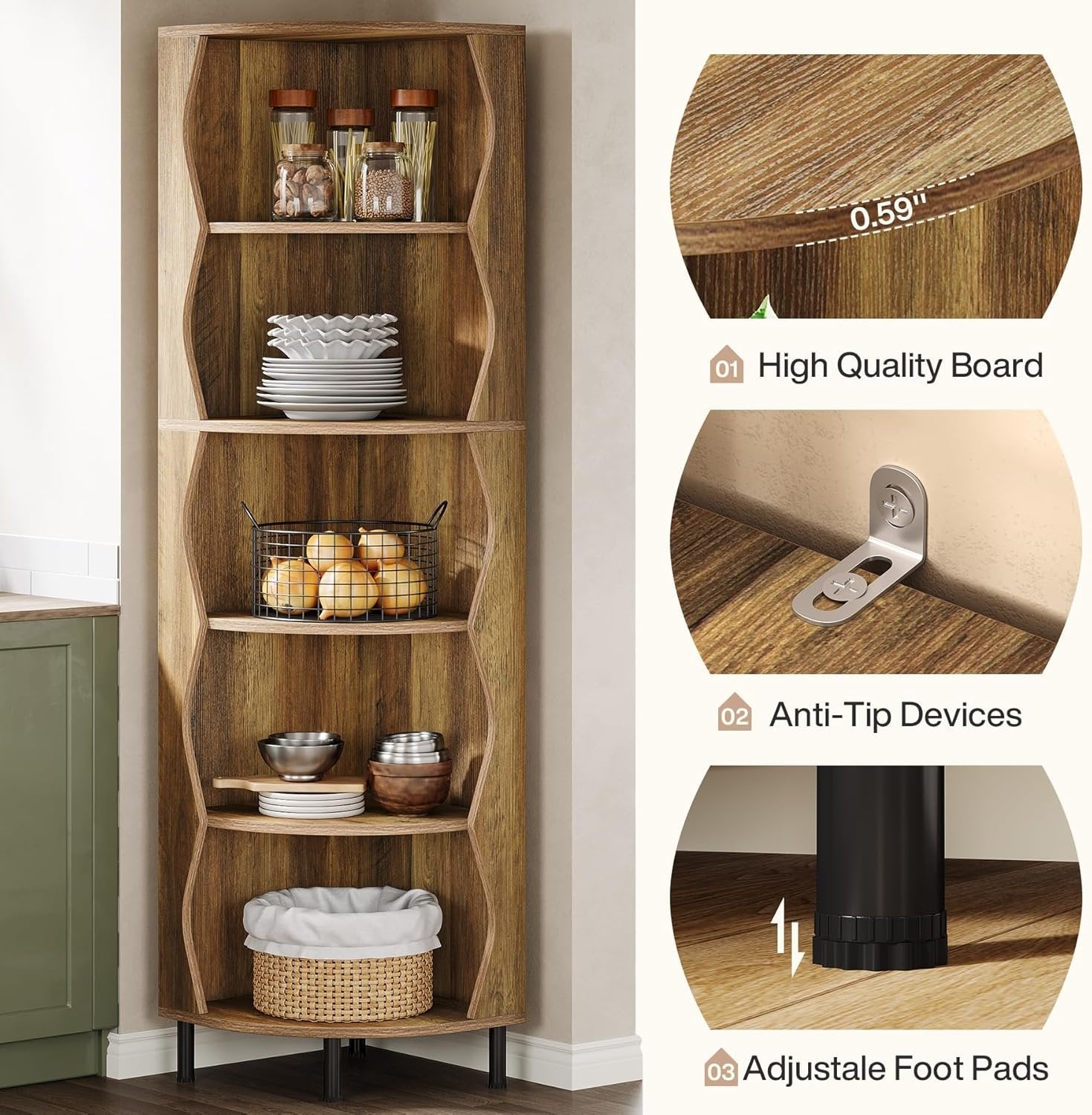 Tribesigns Étagère d'angle à 5 niveaux, Bibliothèque d'angle de 182 cm de haut élégante bibliothèque en bois