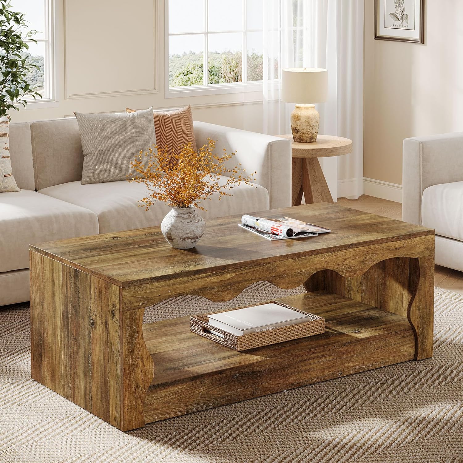 Tribesigns Table basse rectangulaire de 120 cm, Table basse rectangulaire en bois à 2 niveaux avec étagère