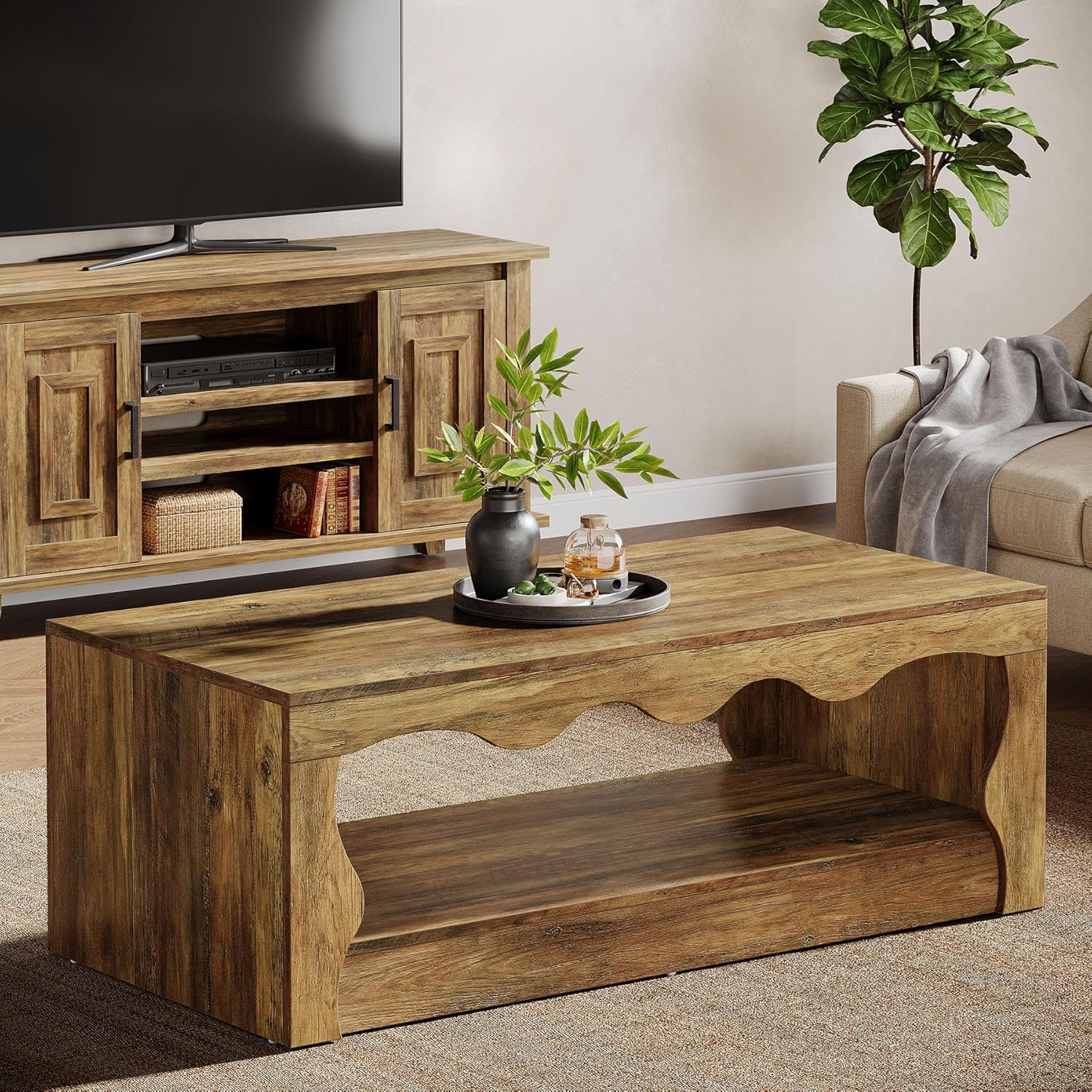 Tribesigns Table basse rectangulaire de 120 cm, Table basse rectangulaire en bois à 2 niveaux avec étagère