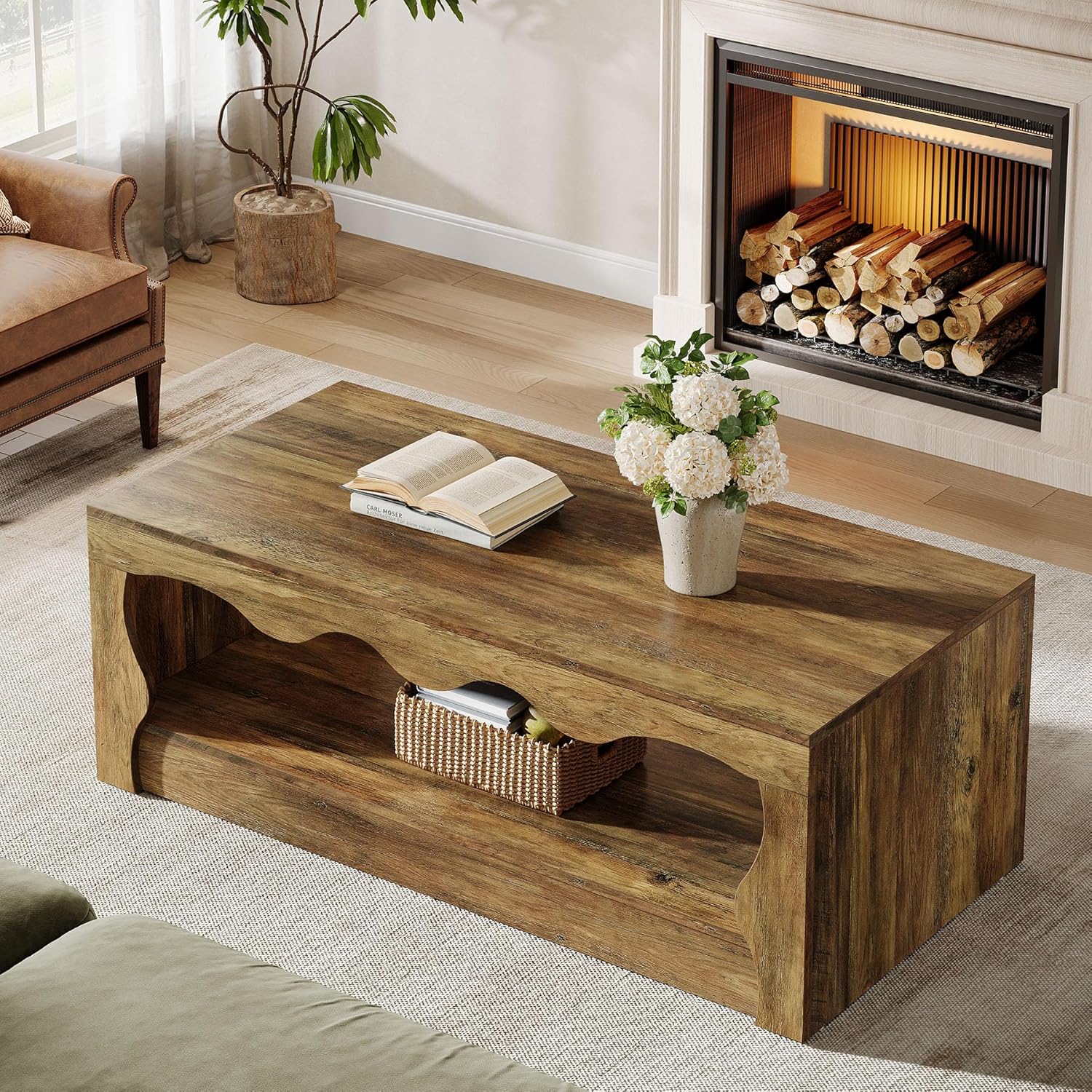 Tribesigns Table basse rectangulaire de 120 cm, Table basse rectangulaire en bois à 2 niveaux avec étagère
