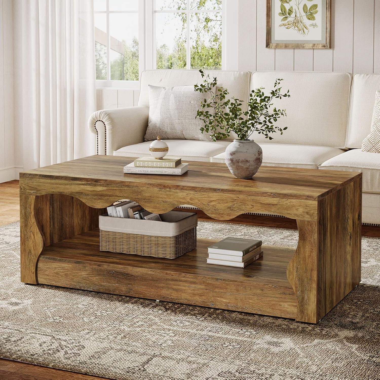 Tribesigns Table basse rectangulaire de 120 cm, Table basse rectangulaire en bois à 2 niveaux avec étagère