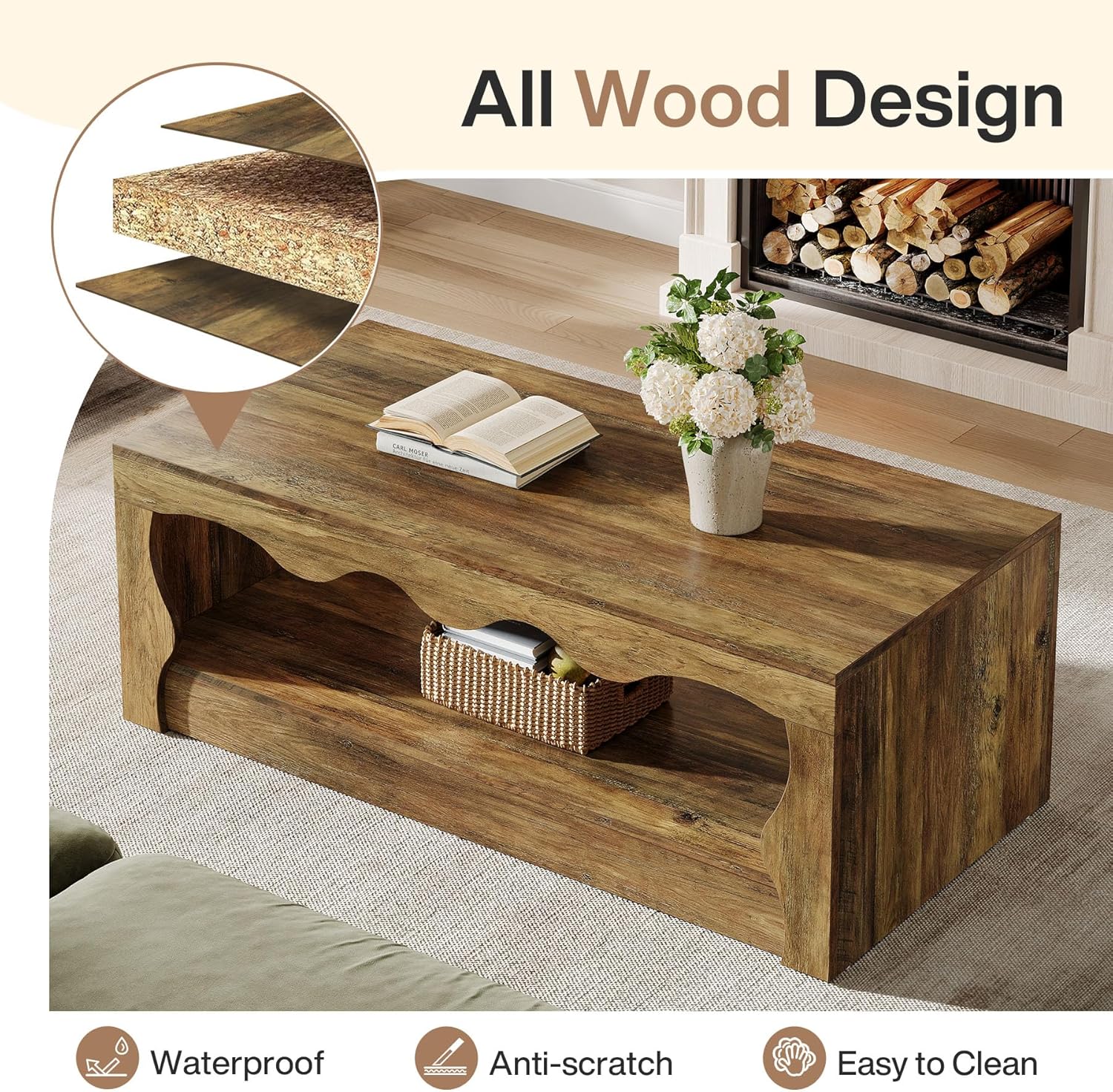 Tribesigns Table basse rectangulaire de 120 cm, Table basse rectangulaire en bois à 2 niveaux avec étagère