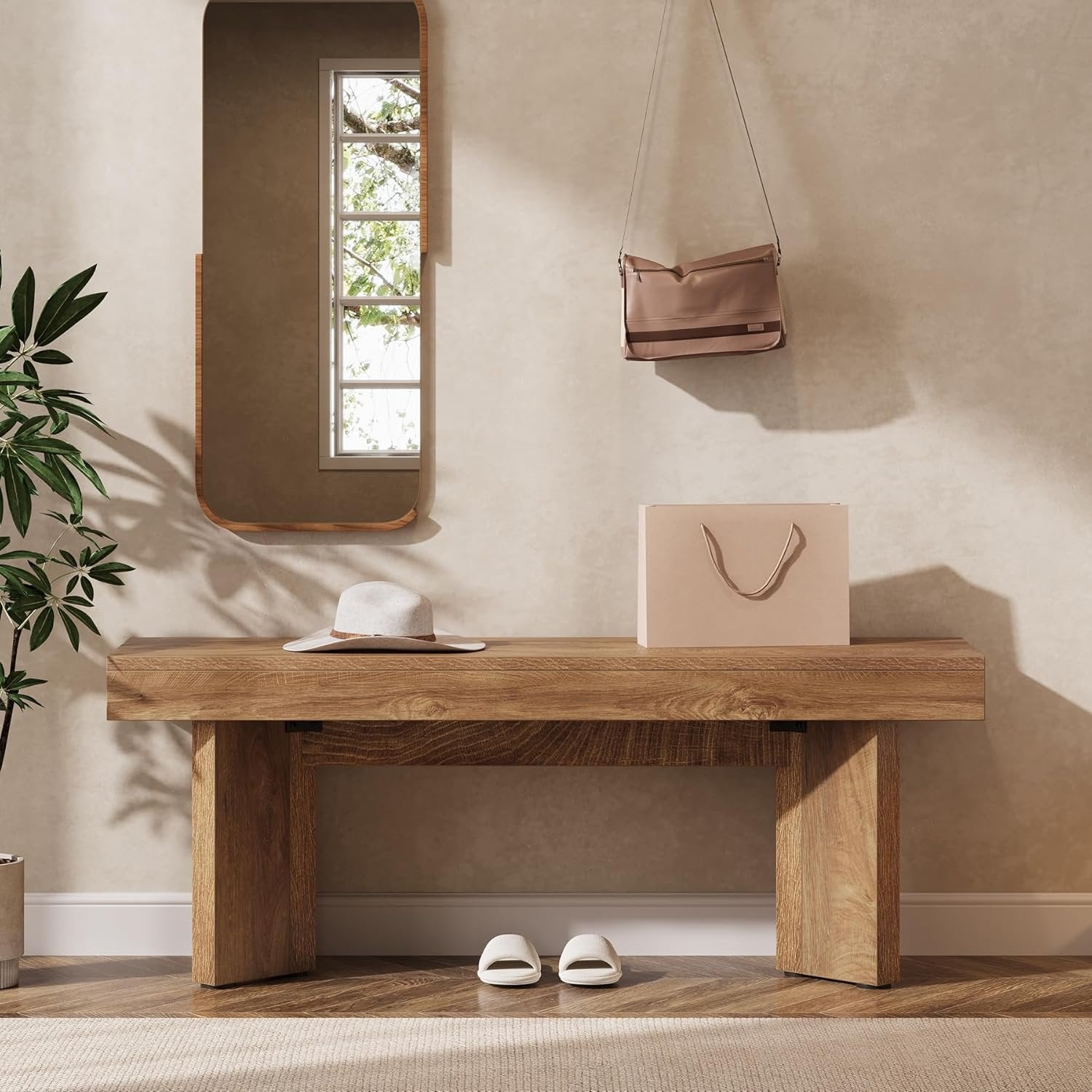 Tribesigns Banc en bois 120 cm style industriel rustique marron, Banc à chaussures en bois