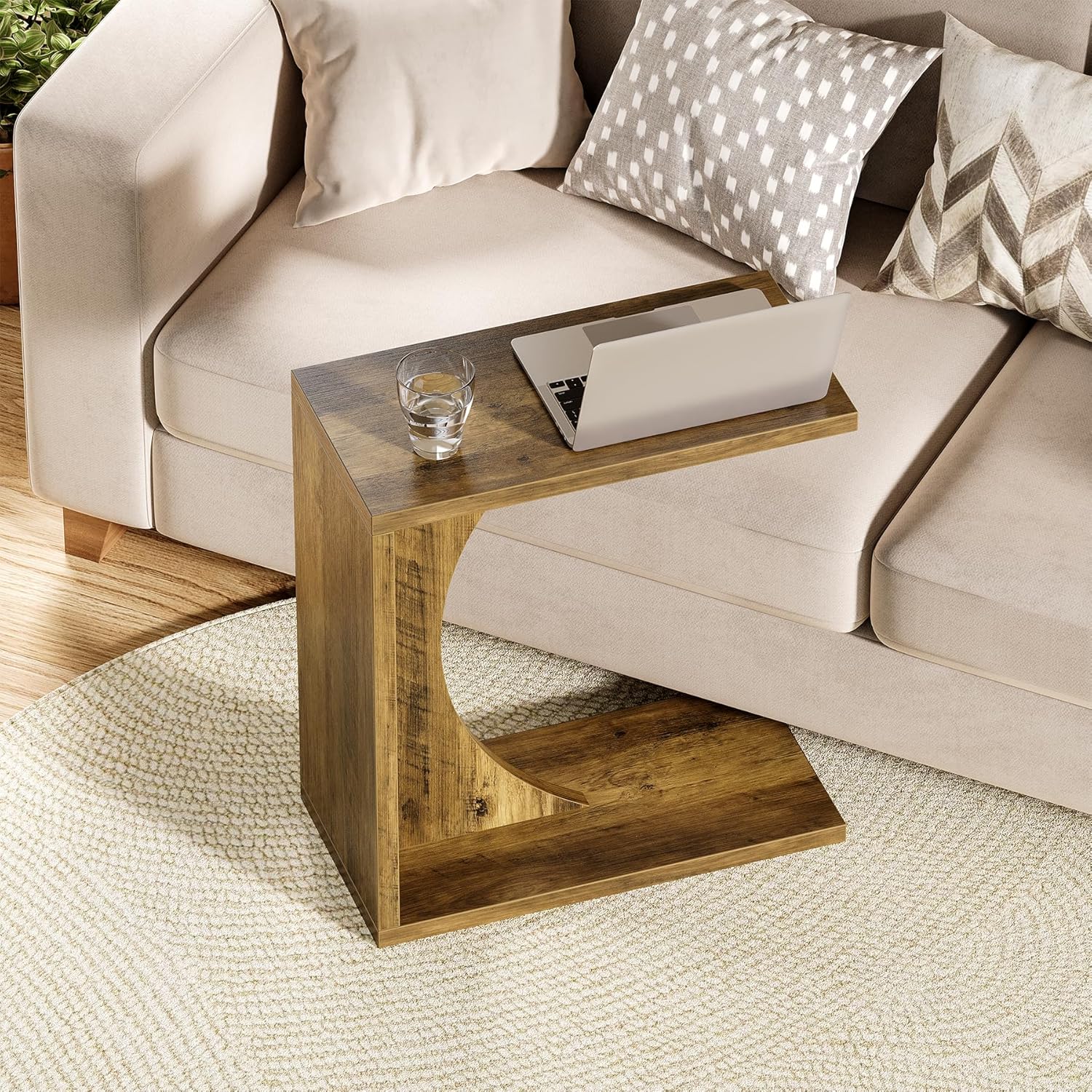 Tribesigns Table d'appoint en Forme de C, Table de Chevet Rustique en Bois pour Salon