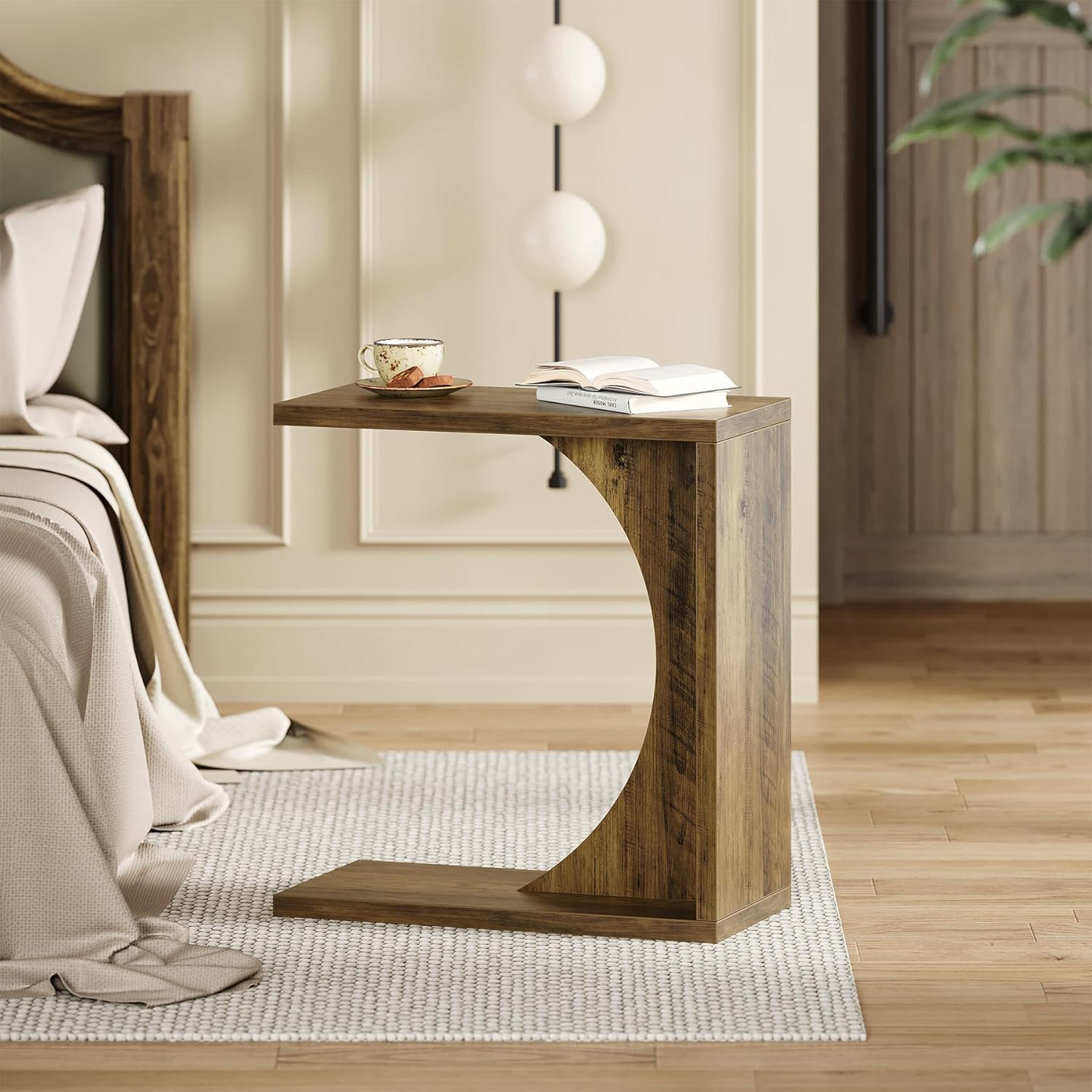Tribesigns Table d'appoint en Forme de C, Table de Chevet Rustique en Bois pour Salon
