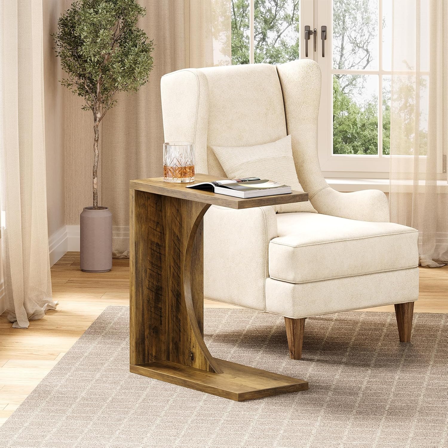 Tribesigns Table d'appoint en Forme de C, Table de Chevet Rustique en Bois pour Salon