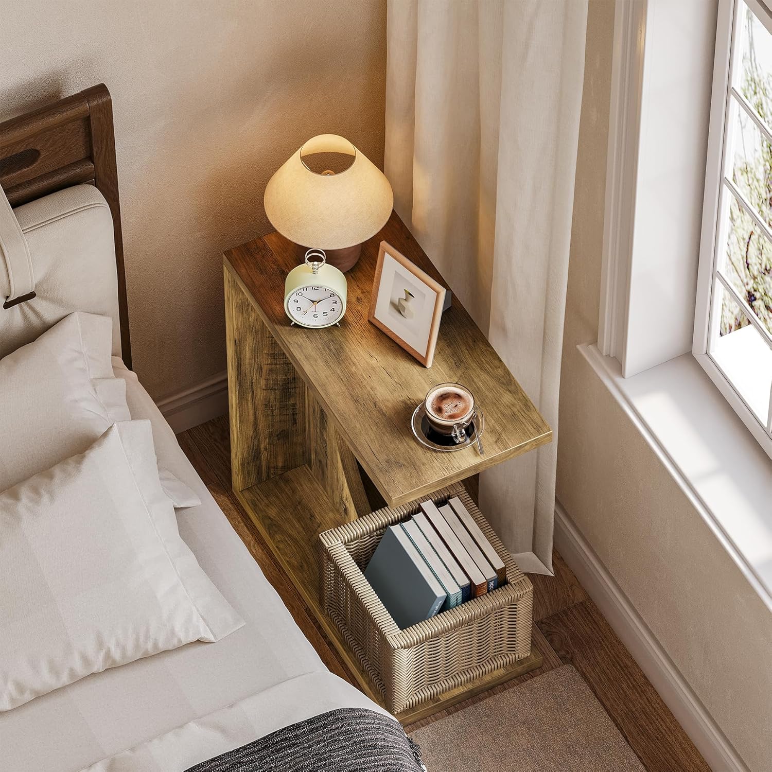 Tribesigns Table d'appoint en Forme de C, Table de Chevet Rustique en Bois pour Salon