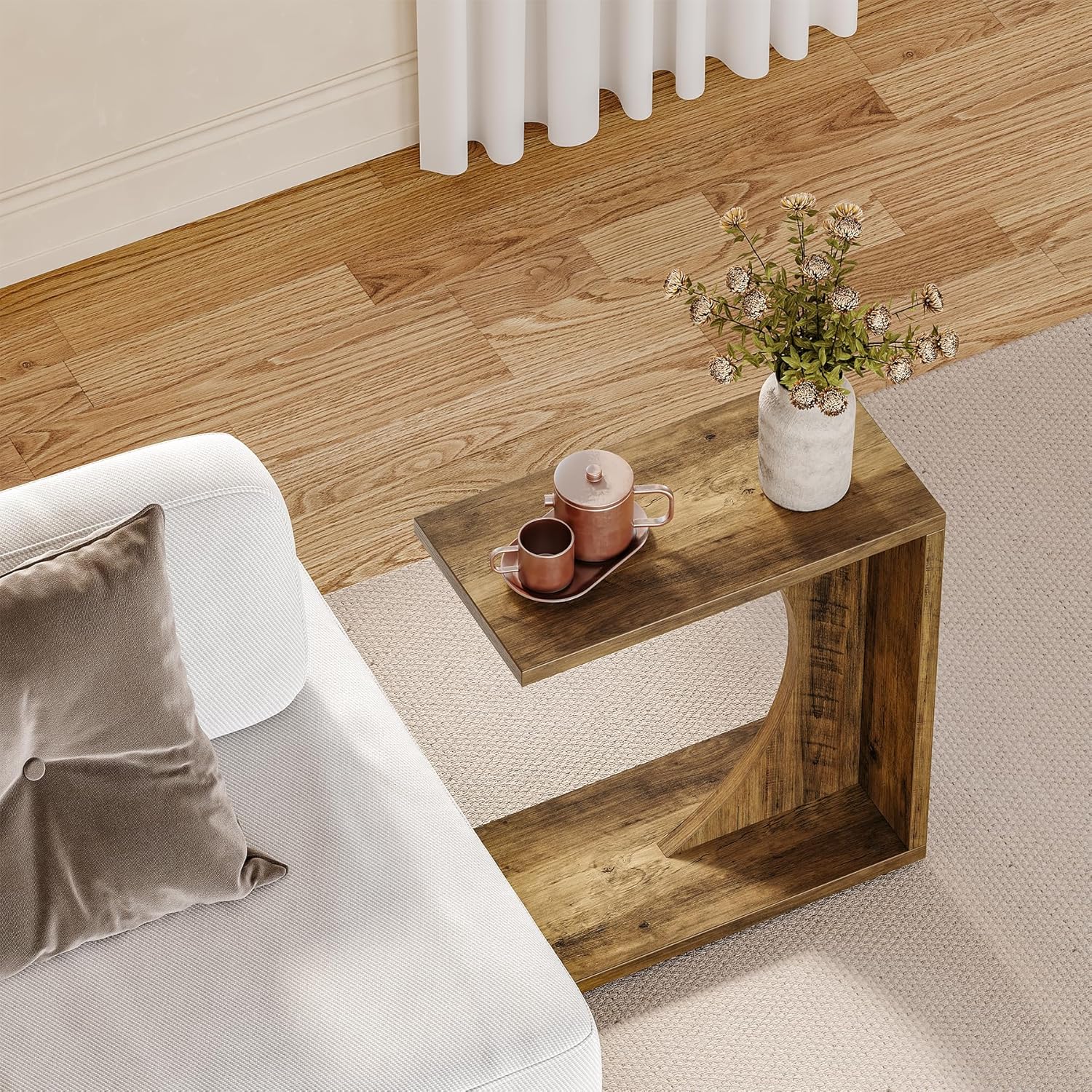 Tribesigns Table d'appoint en Forme de C, Table de Chevet Rustique en Bois pour Salon