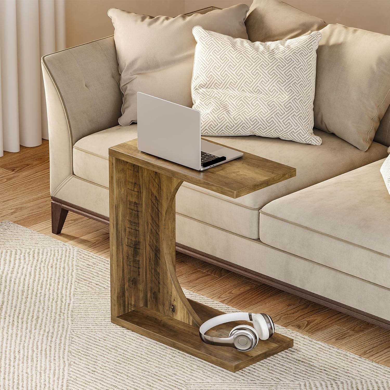 Tribesigns Table d'appoint en Forme de C, Table de Chevet Rustique en Bois pour Salon