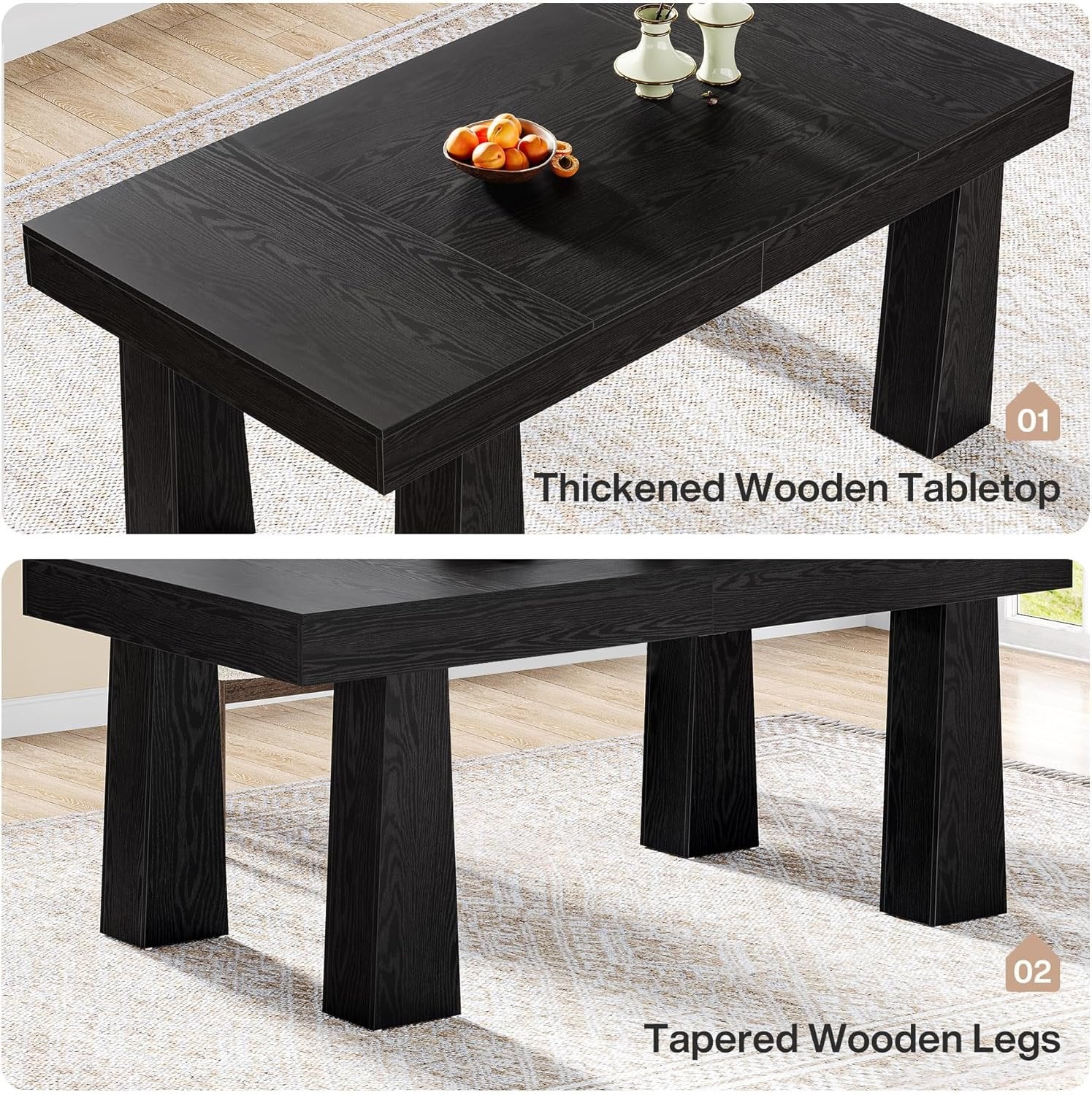 Tribesigns Table à manger 160 cm, Table de cuisine rectangulaire moderne avec pieds coniques renforcés en noir