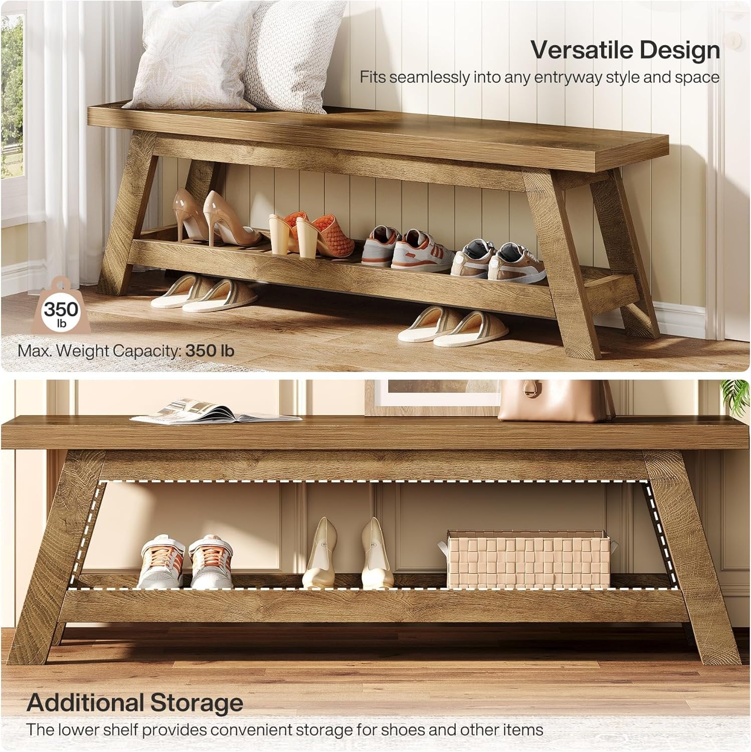 Tribesigns Banc de rangement 140 cm en bois de noyer clair pour chambre à coucher