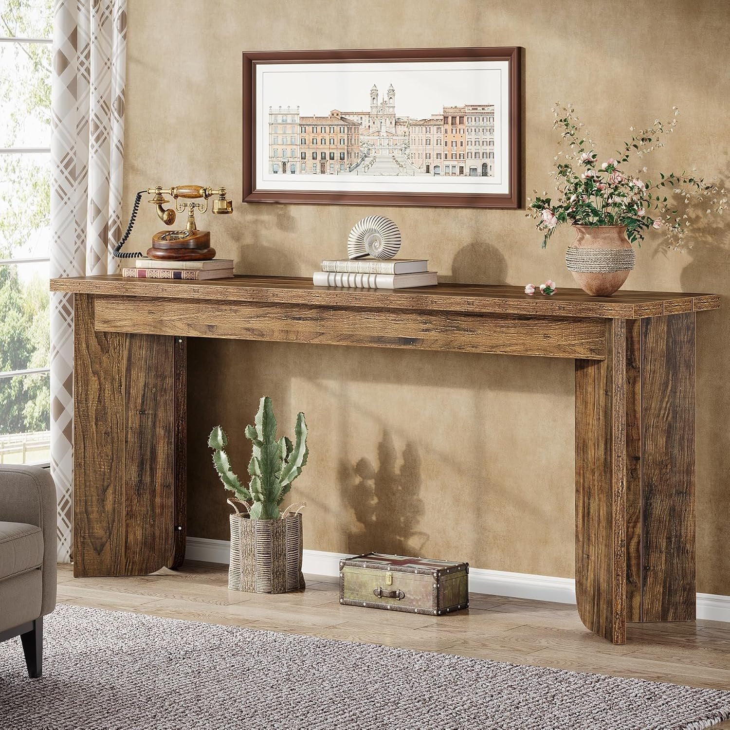 Tribesigns Console Table, Style Industriel étroite en Bois avec Plateau élargi et Double Socle Stable