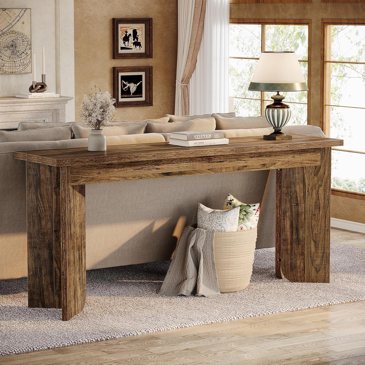 Tribesigns Console Table, Style Industriel étroite en Bois avec Plateau élargi et Double Socle Stable