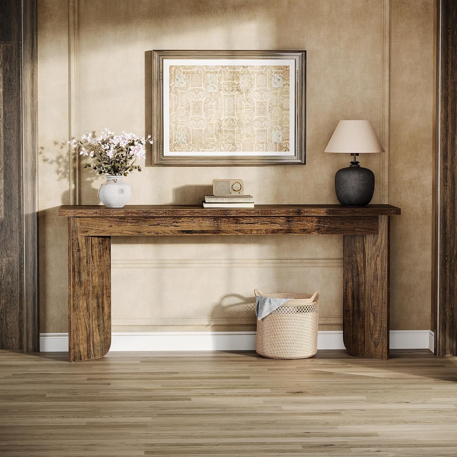 Tribesigns Console Table, Style Industriel étroite en Bois avec Plateau élargi et Double Socle Stable