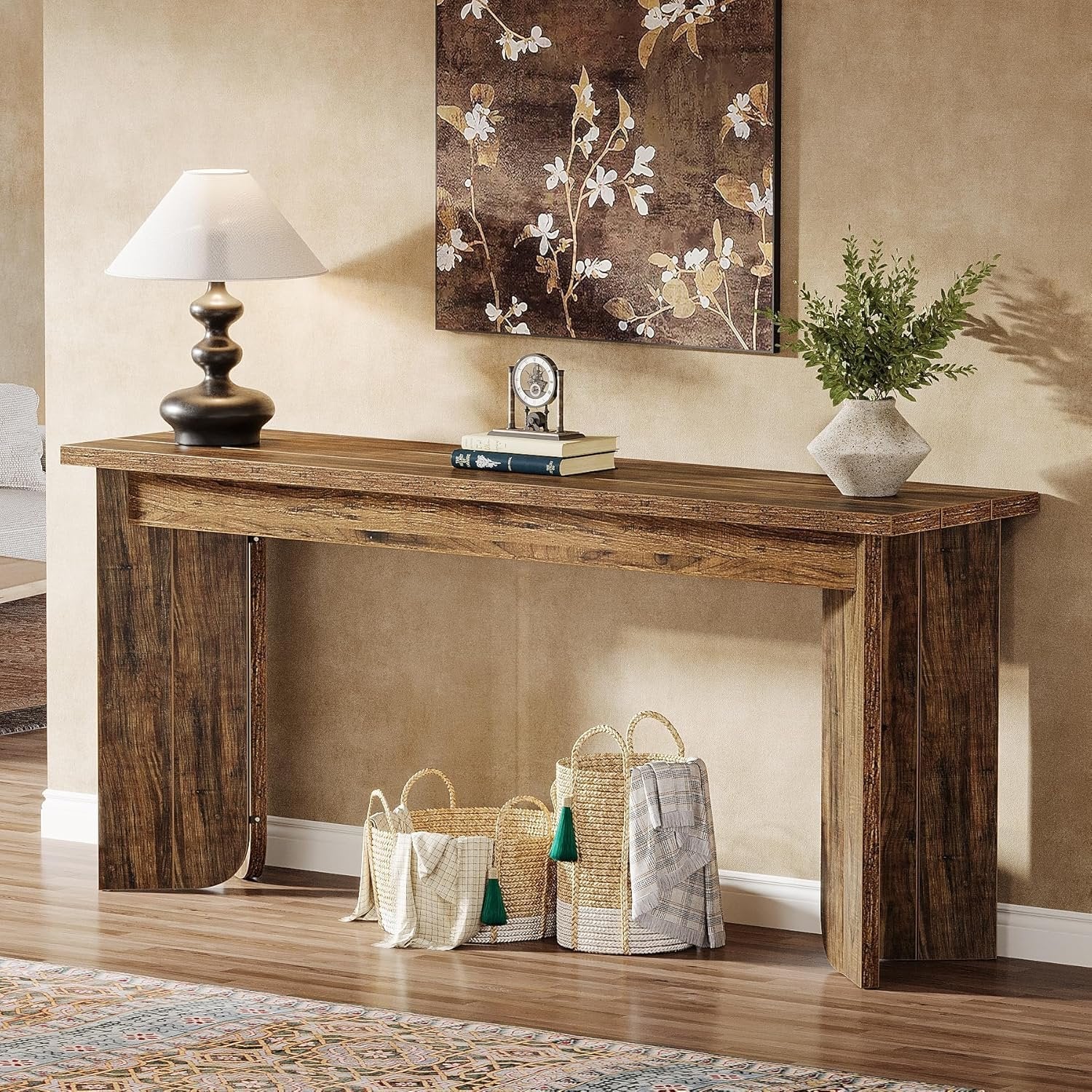 Tribesigns Console Table, Style Industriel étroite en Bois avec Plateau élargi et Double Socle Stable