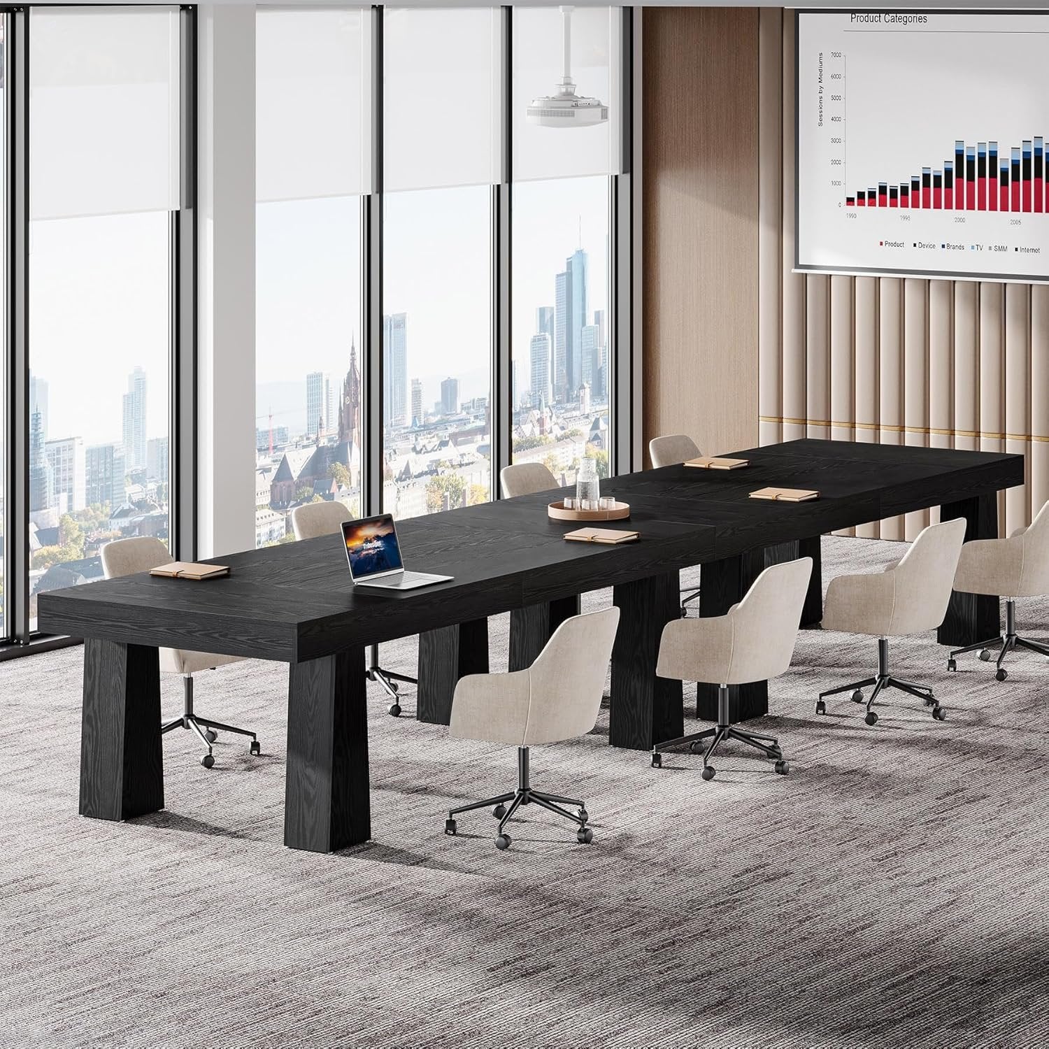 Tribesigns Table de conférence de 160 cm, Table de réunion de style industriel moderne avec 4 pieds fuselés en noir