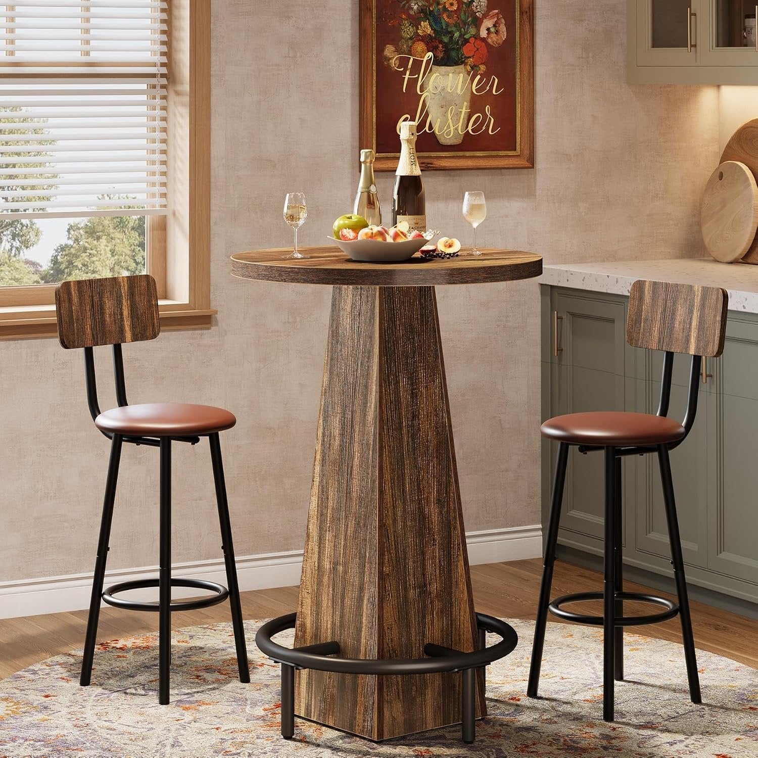 Tribesigns Table haute ronde 95 cm de hauteur, Table de bistro/pub en bois avec repose-pieds annulaire en métal pour café, cocktail