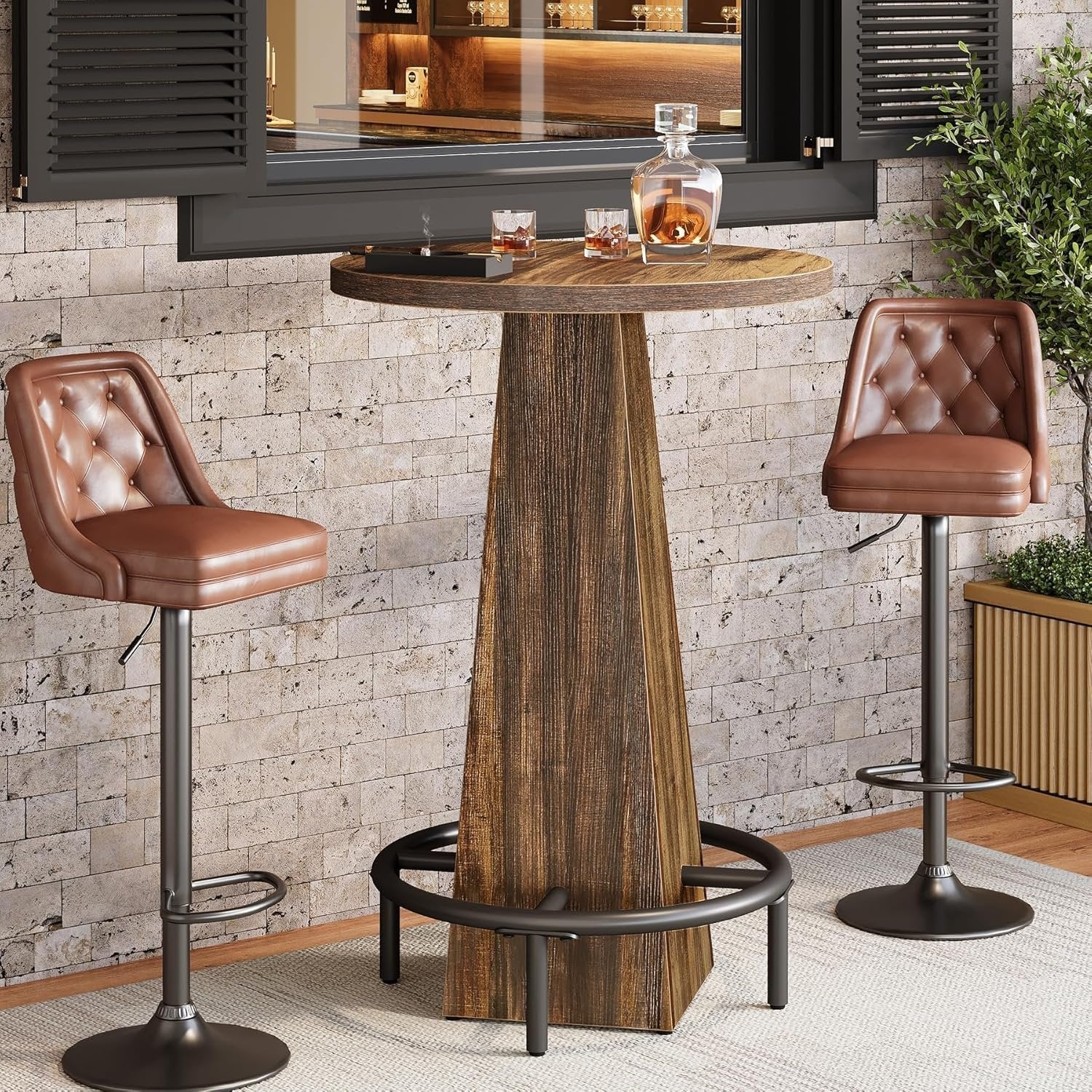 Tribesigns Table haute ronde 95 cm de hauteur, Table de bistro/pub en bois avec repose-pieds annulaire en métal pour café, cocktail