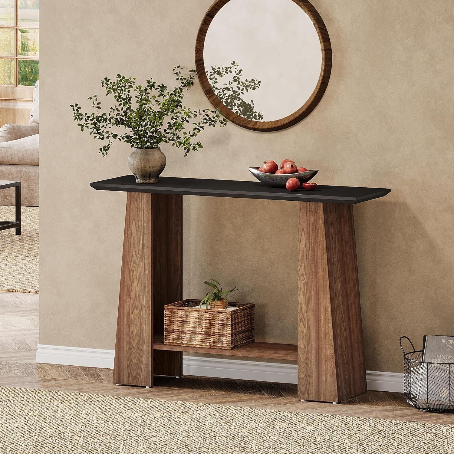 Tribesigns Console de 120 cm, Table d'entrée moderne à 2 niveaux du milieu du siècle en noir et noyer