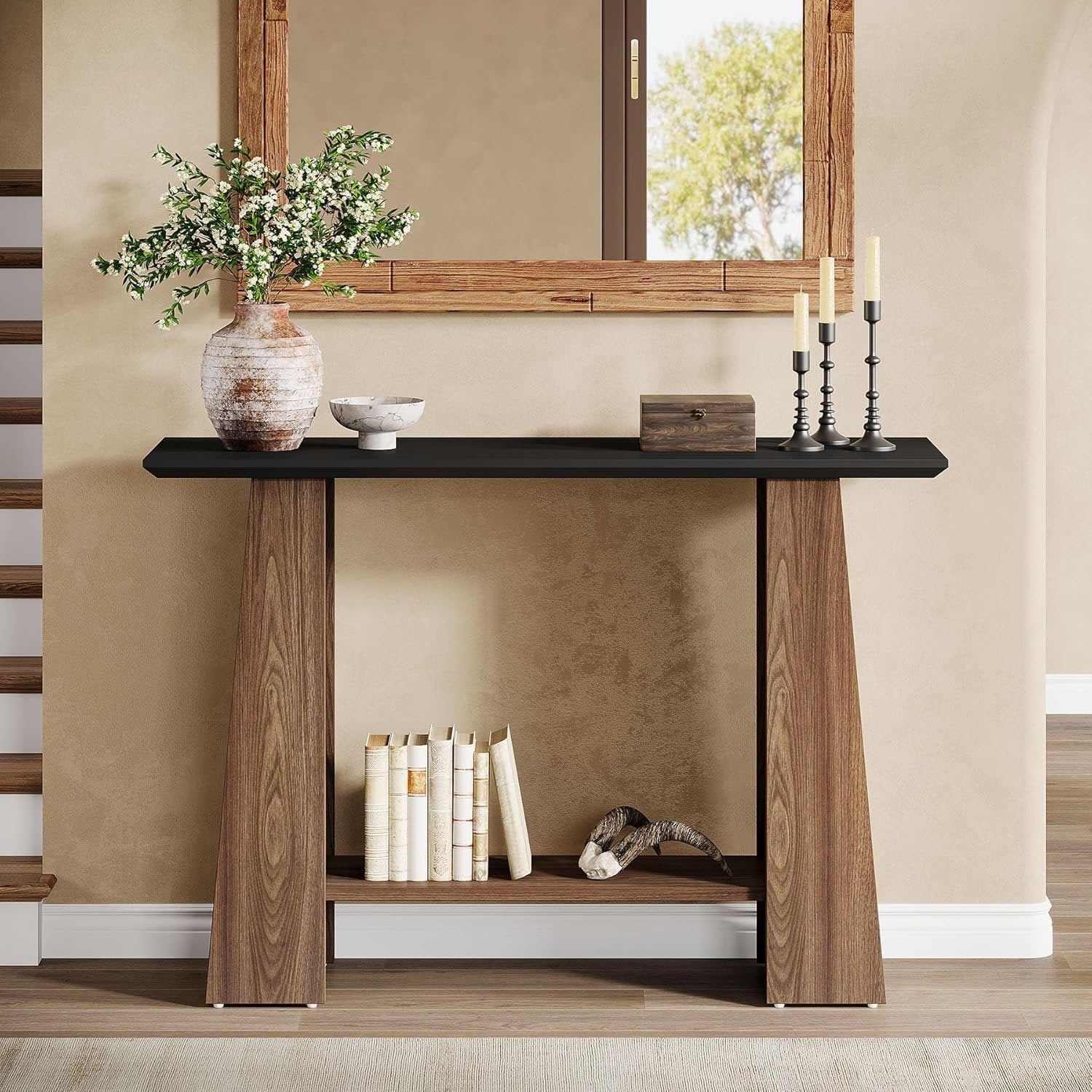 Tribesigns Console de 120 cm, Table d'entrée moderne à 2 niveaux du milieu du siècle en noir et noyer