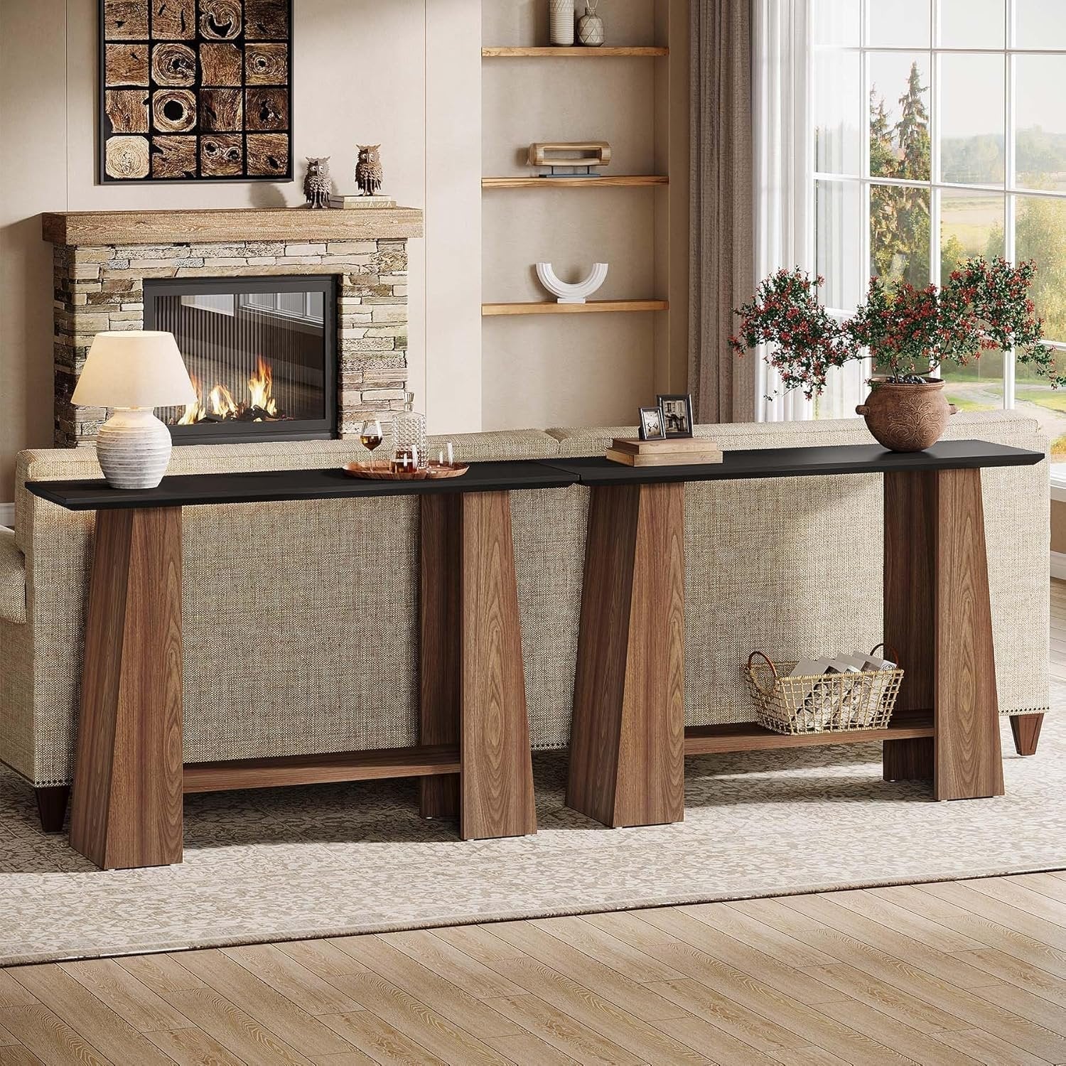 Tribesigns Console de 120 cm, Table d'entrée moderne à 2 niveaux du milieu du siècle en noir et noyer