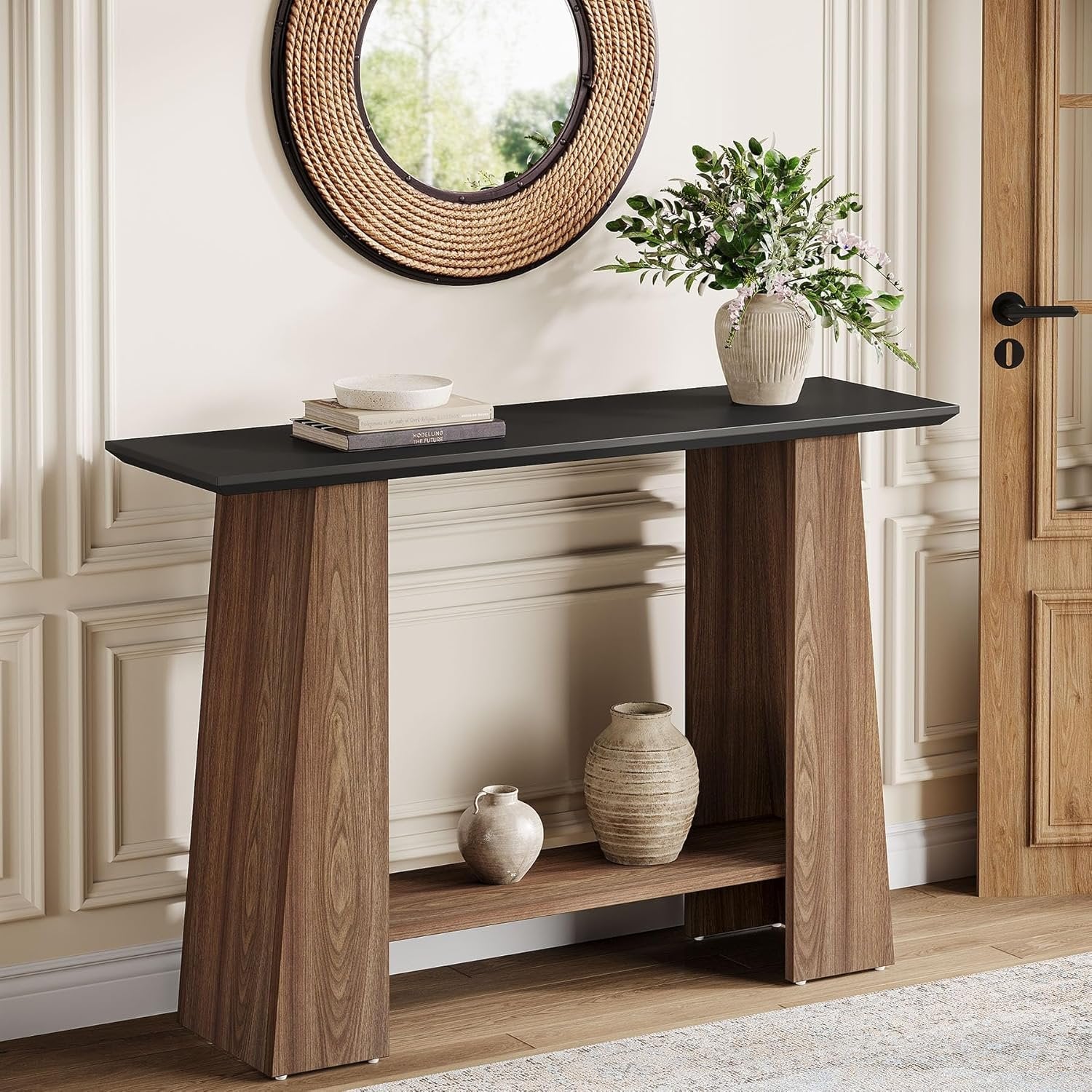 Tribesigns Console de 120 cm, Table d'entrée moderne à 2 niveaux du milieu du siècle en noir et noyer