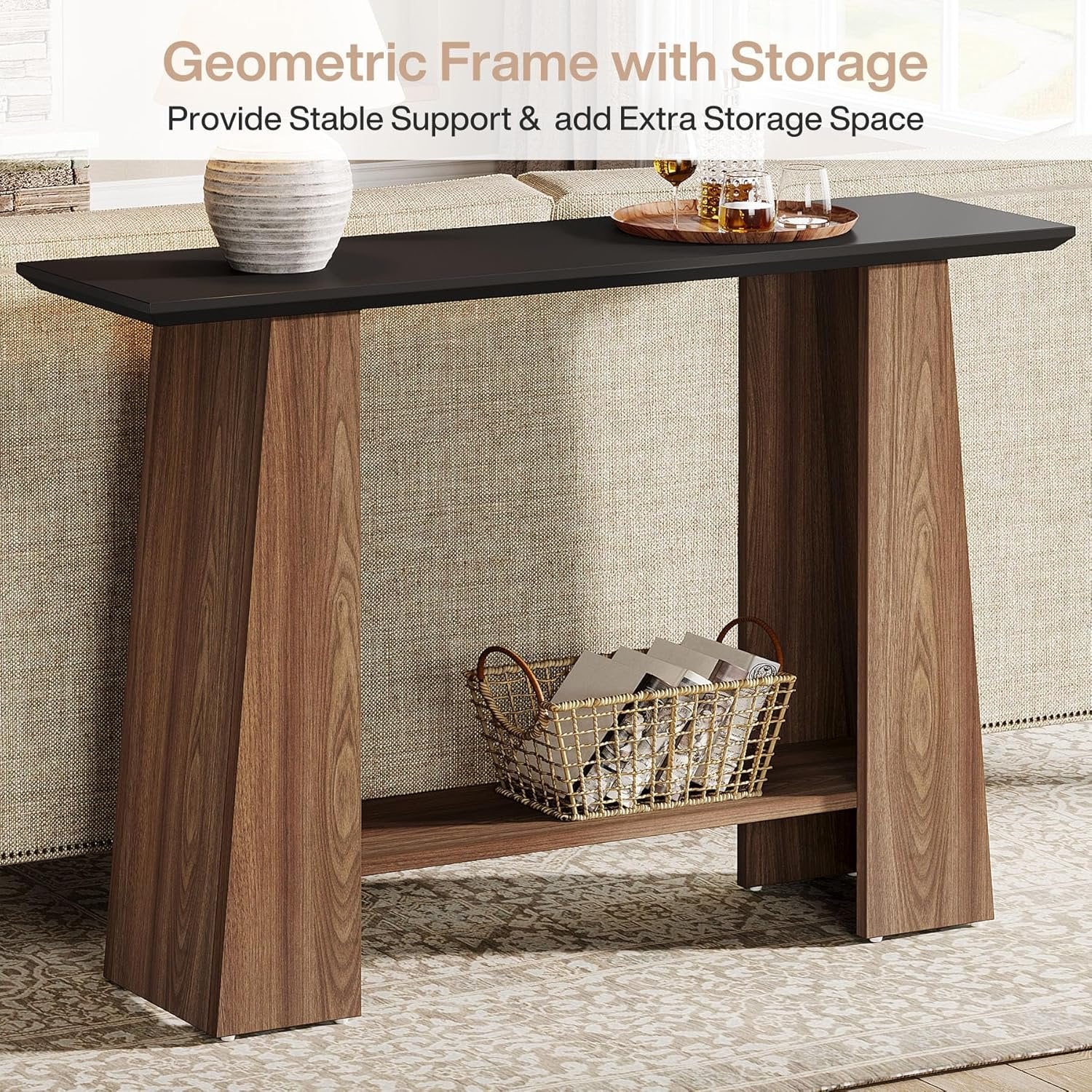 Tribesigns Console de 120 cm, Table d'entrée moderne à 2 niveaux du milieu du siècle en noir et noyer
