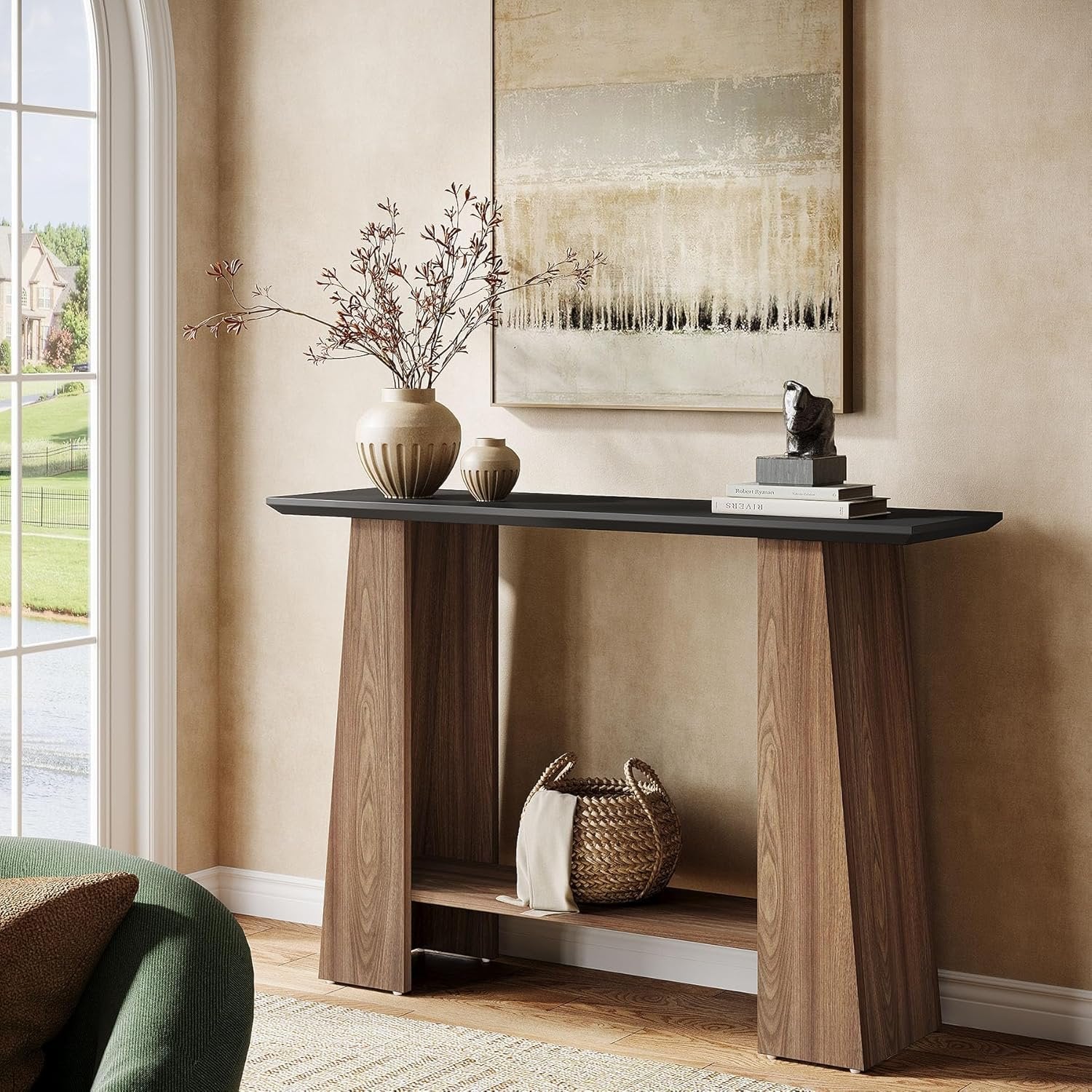 Tribesigns Console de 120 cm, Table d'entrée moderne à 2 niveaux du milieu du siècle en noir et noyer