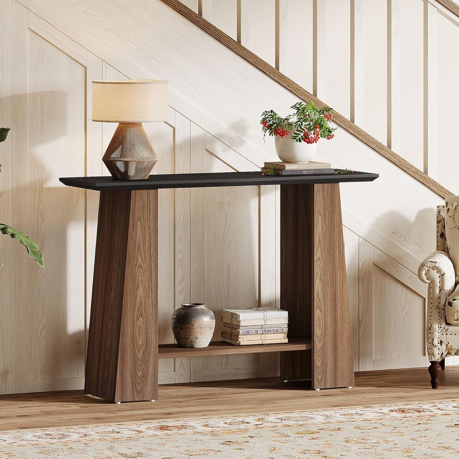 Tribesigns Console de 120 cm, Table d'entrée moderne à 2 niveaux du milieu du siècle en noir et noyer
