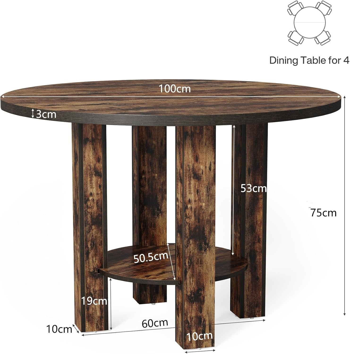 Tribesigns Table à manger ronde pour 4 personnes, Grande table de dîner avec étagère de rangement