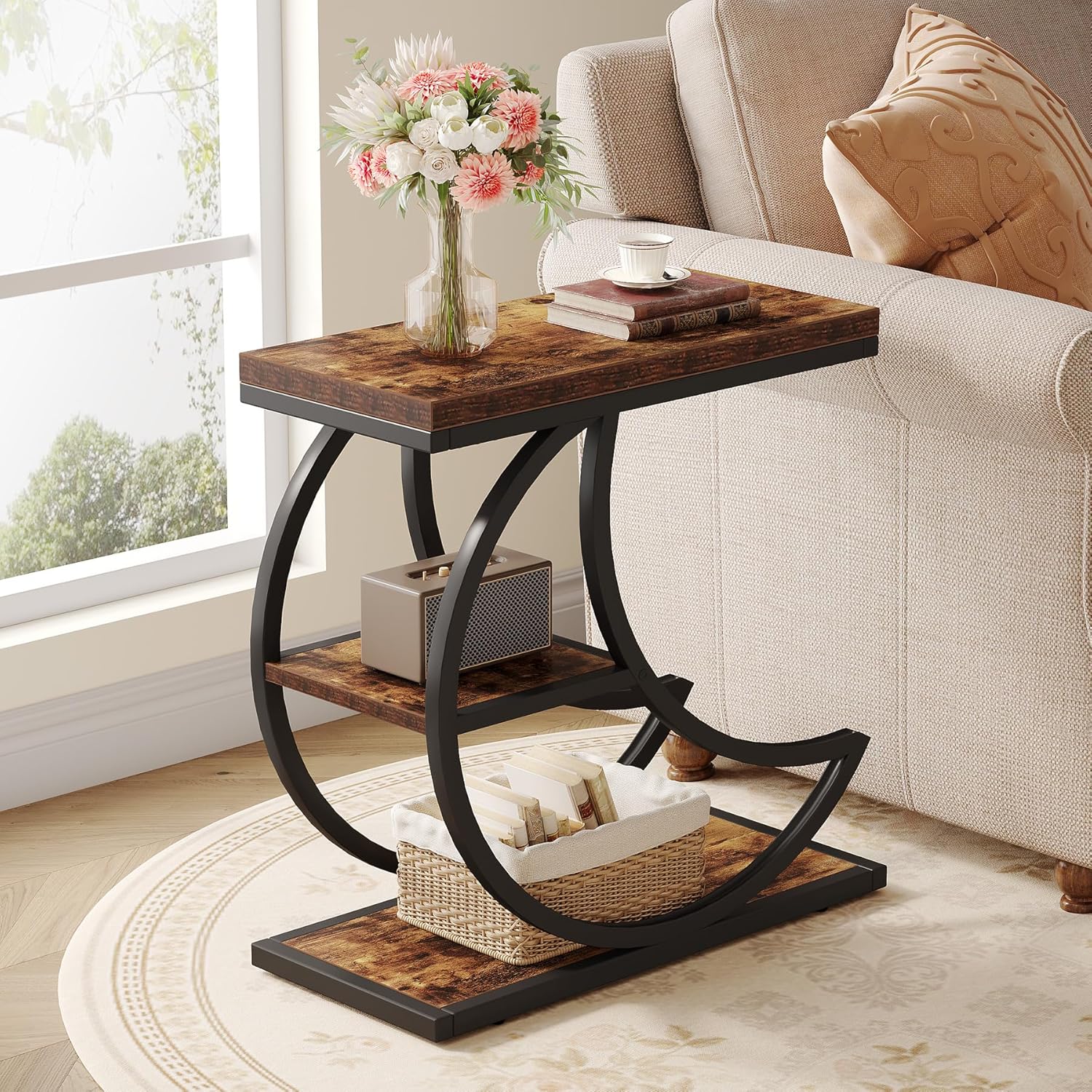 Tribesigns Petite table d'appoint en forme de lune en métal, Table de chevet étroite en bois