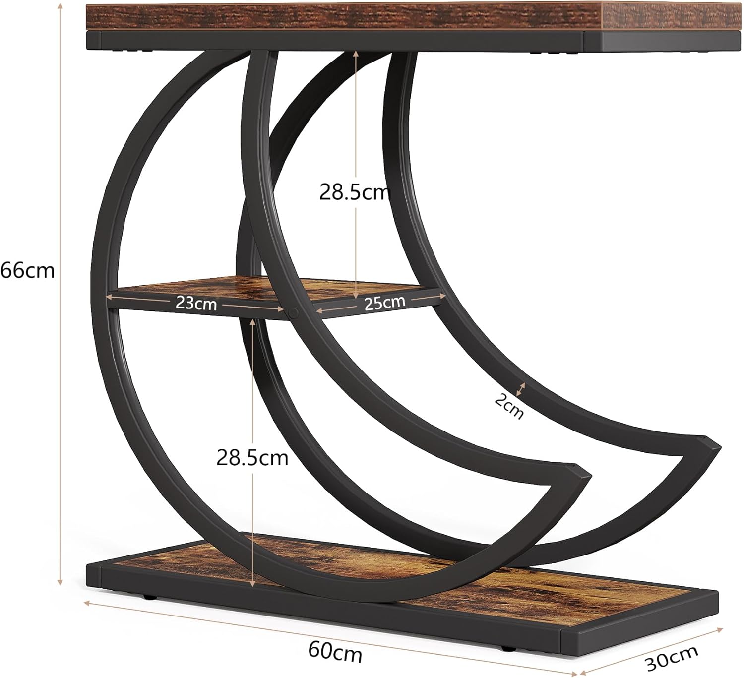 Tribesigns Petite table d'appoint en forme de lune en métal, Table de chevet étroite en bois