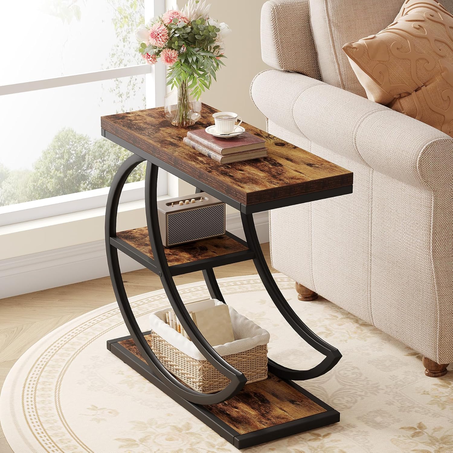 Tribesigns Petite table d'appoint en forme de lune en métal, Table de chevet étroite en bois