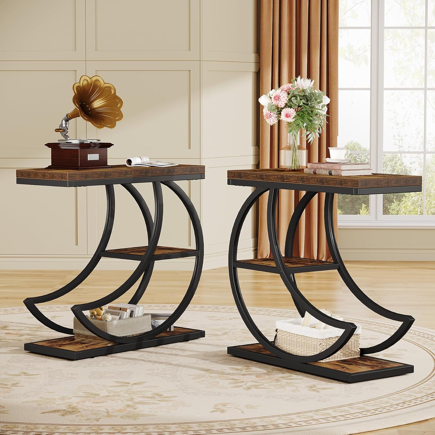 Tribesigns Petite table d'appoint en forme de lune en métal, Table de chevet étroite en bois