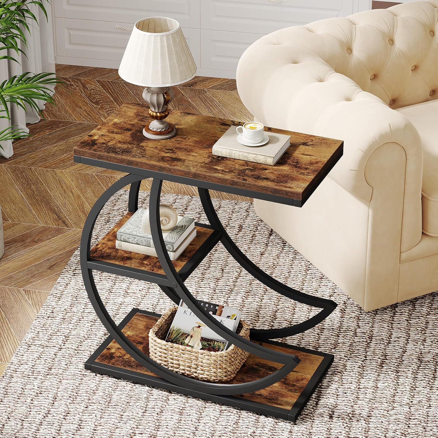 Tribesigns Petite table d'appoint en forme de lune en métal, Table de chevet étroite en bois