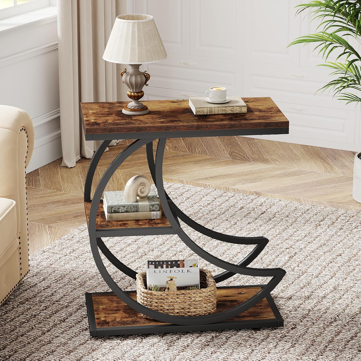 Tribesigns Petite table d'appoint en forme de lune en métal, Table de chevet étroite en bois