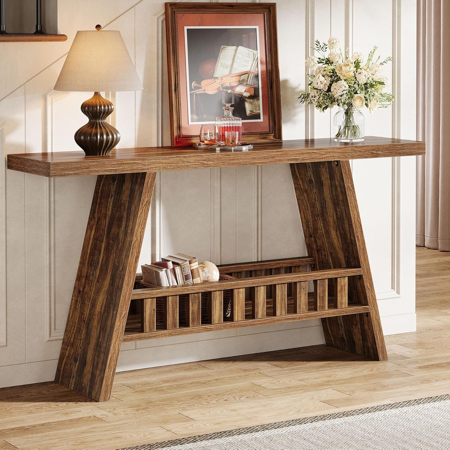 Tribesigns Farmhouse Table console rustique de 160 cm avec rangement pour couloir, salon, marron