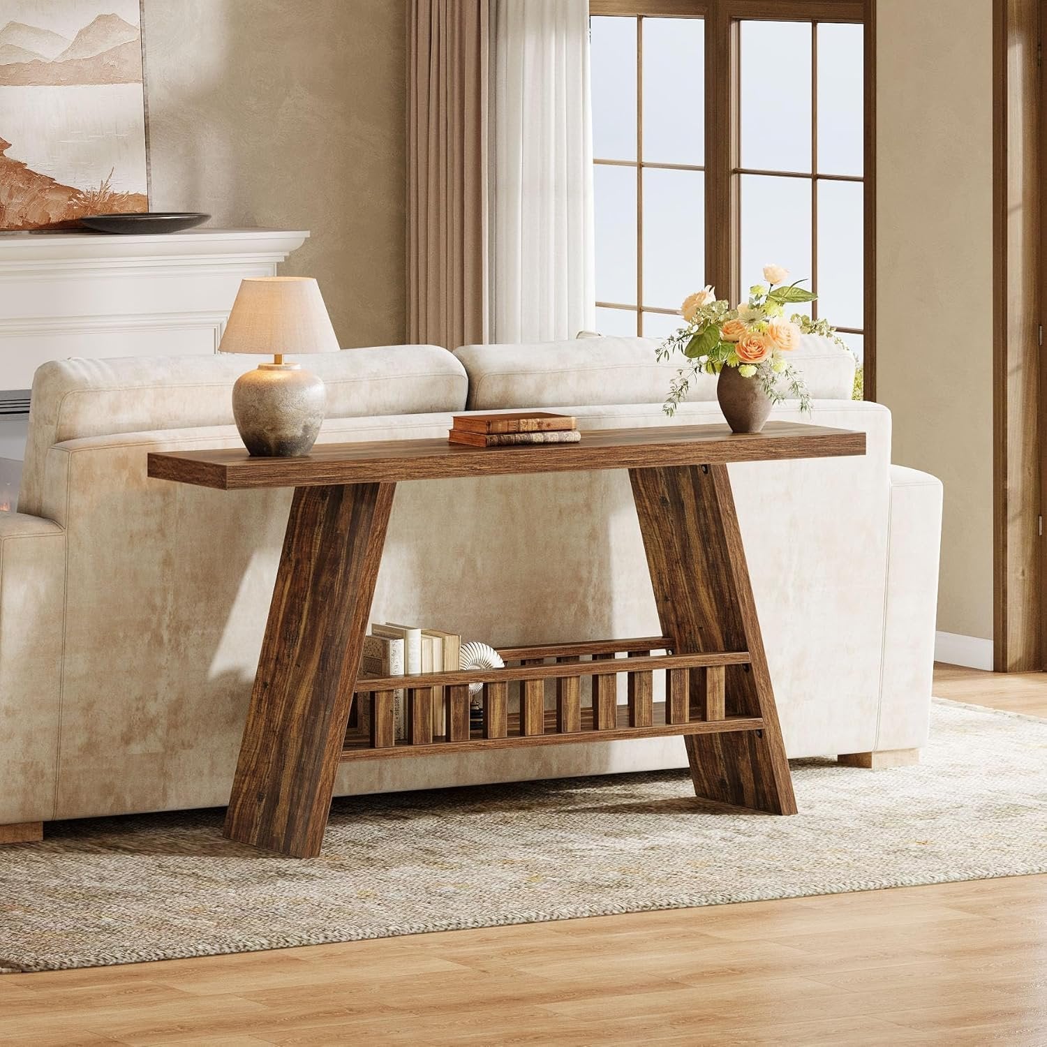 Tribesigns Farmhouse Table console rustique de 160 cm avec rangement pour couloir, salon, marron